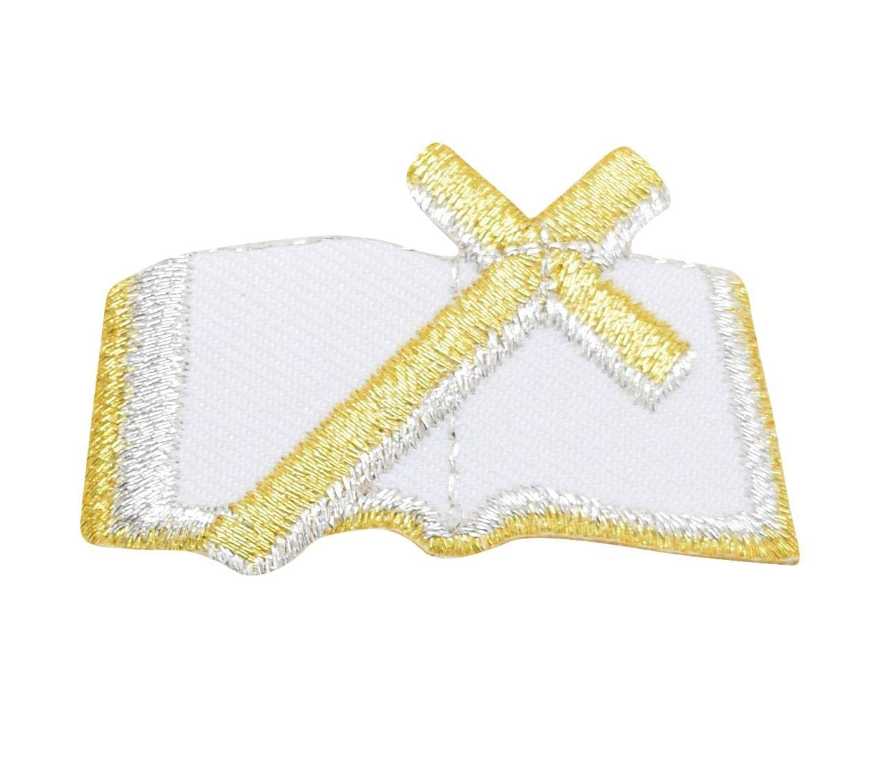 Gold and White Holy Bible Iron-On Patch with Cross - Perfect for DIY Clothing, Hats, Bags & Christian Gifts