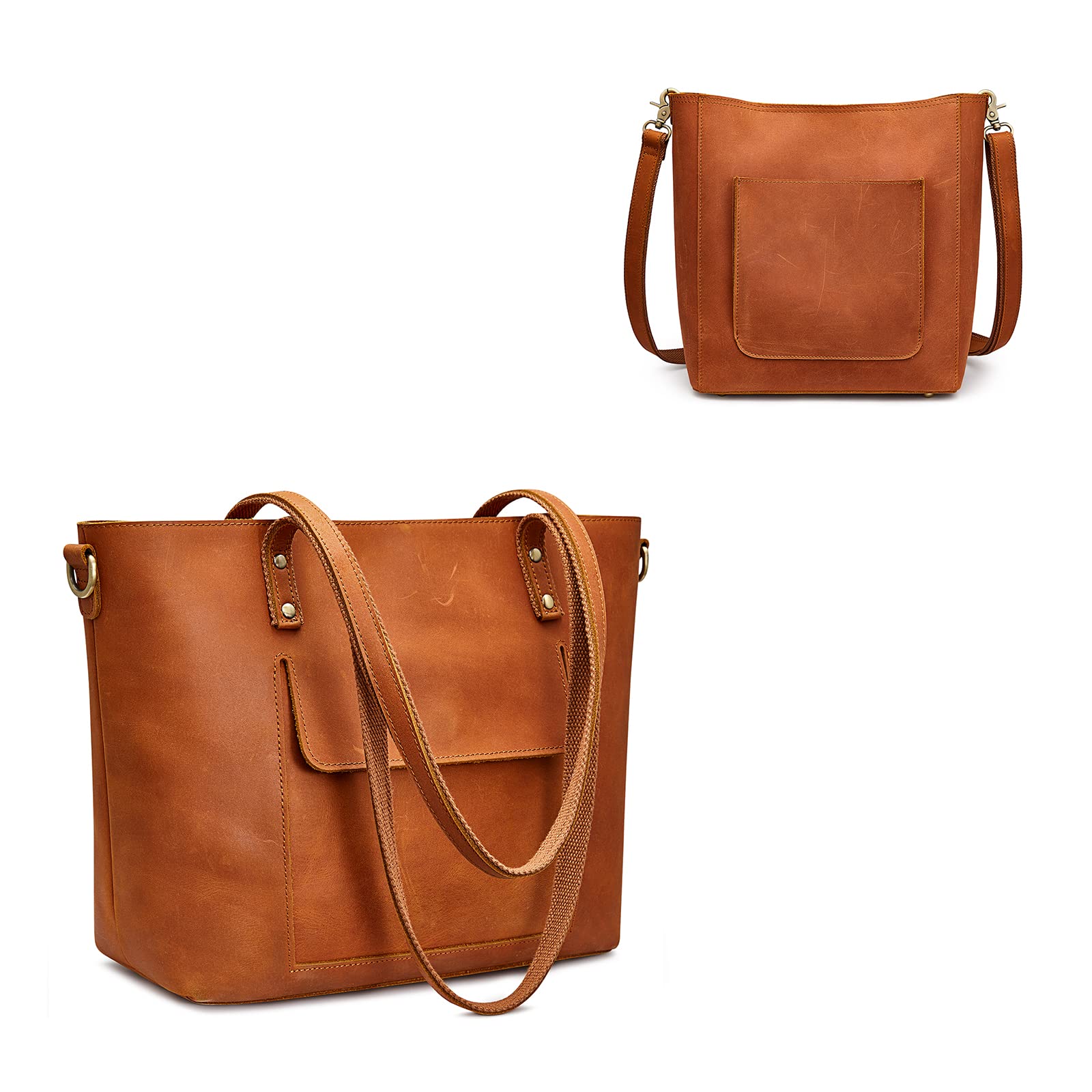 S-ZONE Genuine Leather Tote Bag for Women with Matching Distressed Shoulder Bucket Purse - Stylish Handbag Set for Work, Travel & Everyday Use