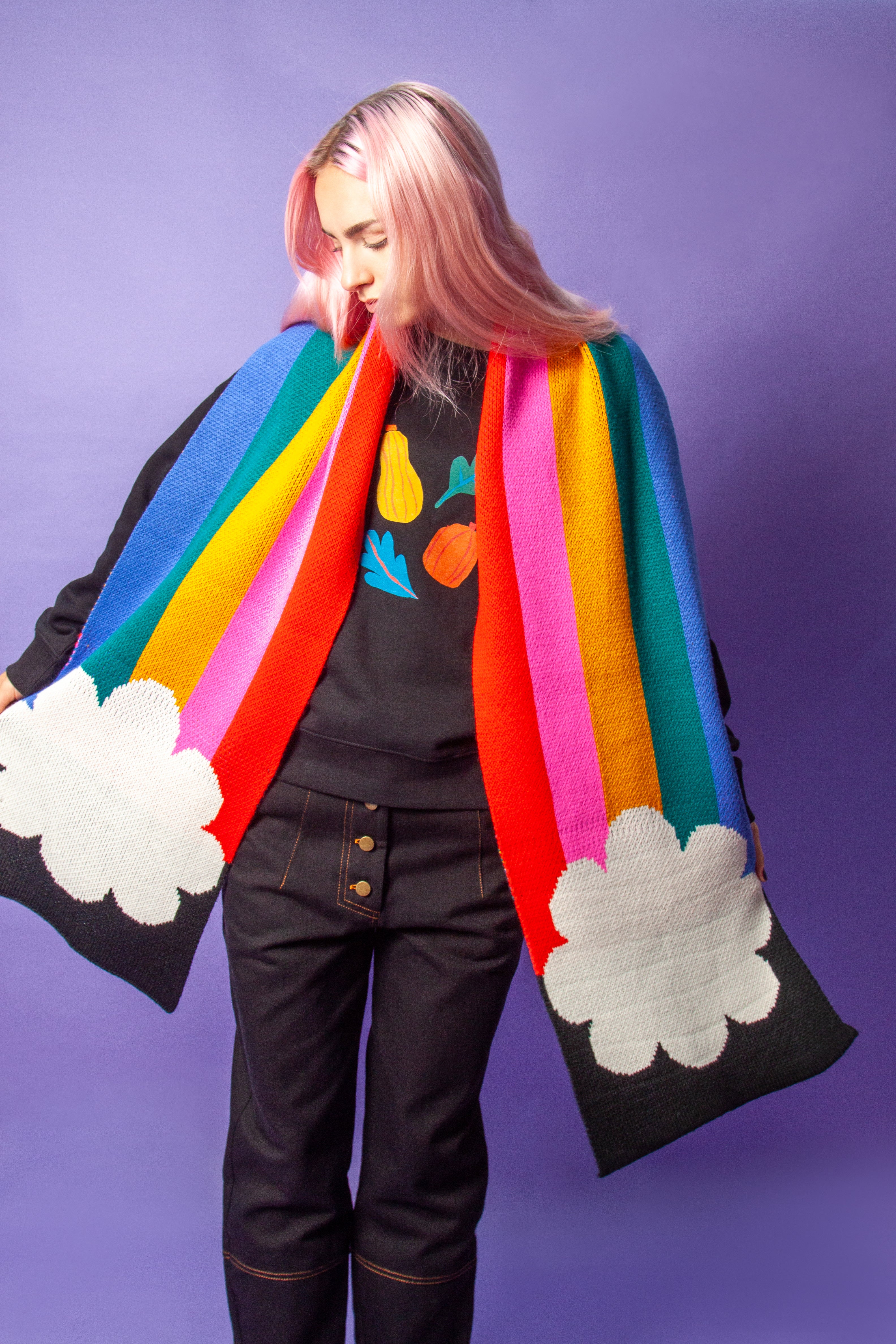 Miss Pompom x Tatty Devine Rainbow Scarf - Colorful Fashion Accessory for Women - Perfect for Winter, Parties & Everyday Style