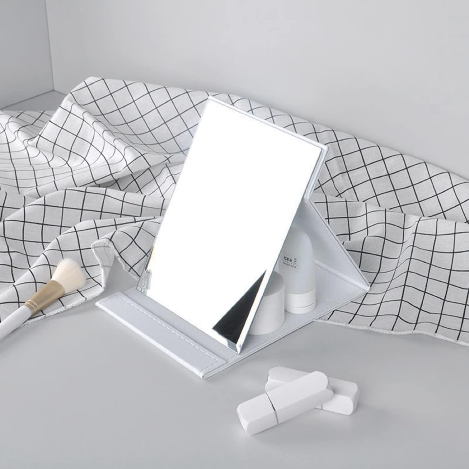 ONICORN® Portable Folding Makeup Mirror with Adjustable Stand - 360° Rotation Vanity Mirror for Bathroom, Shower & Shaving - White Rectangular Tabletop Mirror for Home & Travel Use