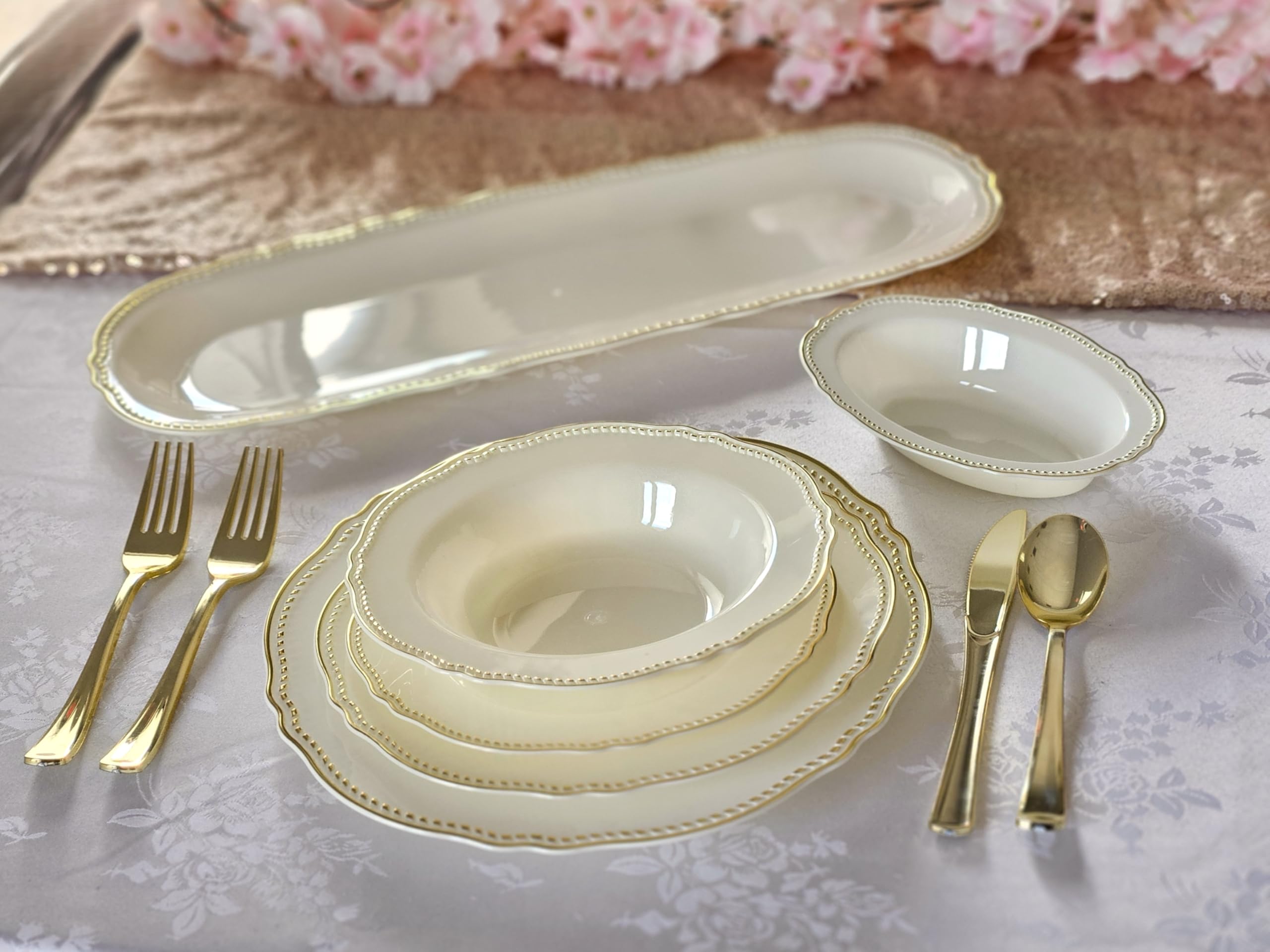 40-Pack Heavyweight Disposable Plastic Plates for Weddings & Parties - 9'' Elegant Ivory & Gold Luncheon Plates - Perfect for Bridal Showers, Baby Showers & Formal Events
