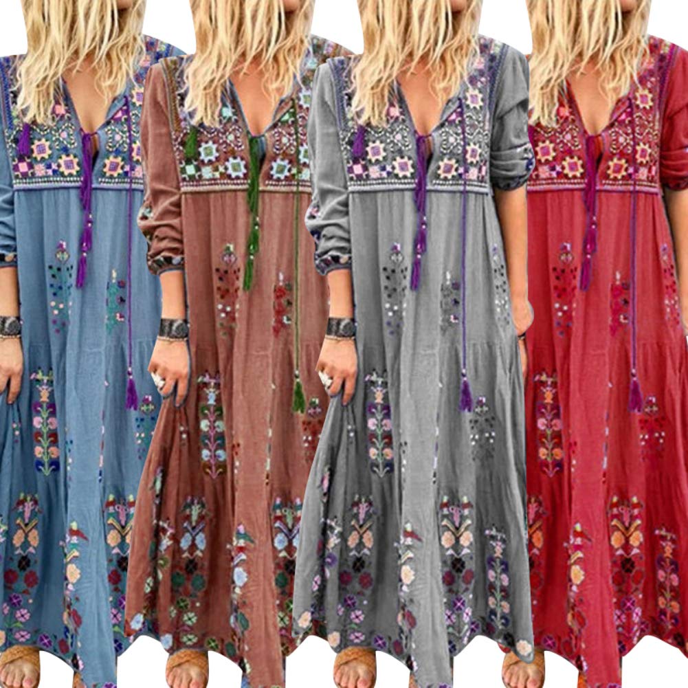 GLOA Women's Sexy Plus Size V-Neck Floral Long Sleeve Maxi Dress with Drawstring Tie-up - Perfect for Date Night, Party & Summer Vacation