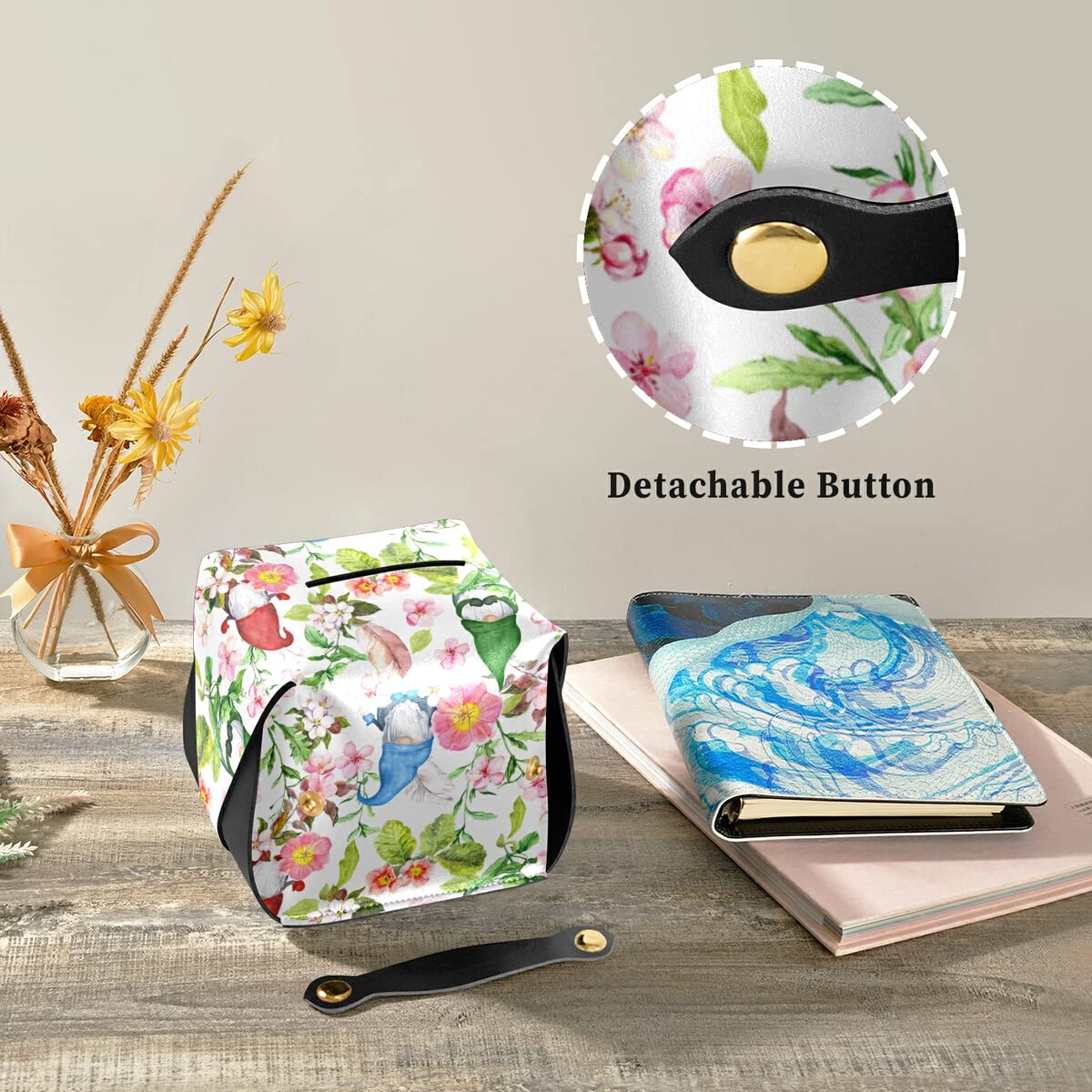 Decorative Leather Rectangular Tissue Box Cover with Cute Gnomes & Flowers - Tissue Dispenser Case for Hotel, Restaurant, Bedroom & Car Decor