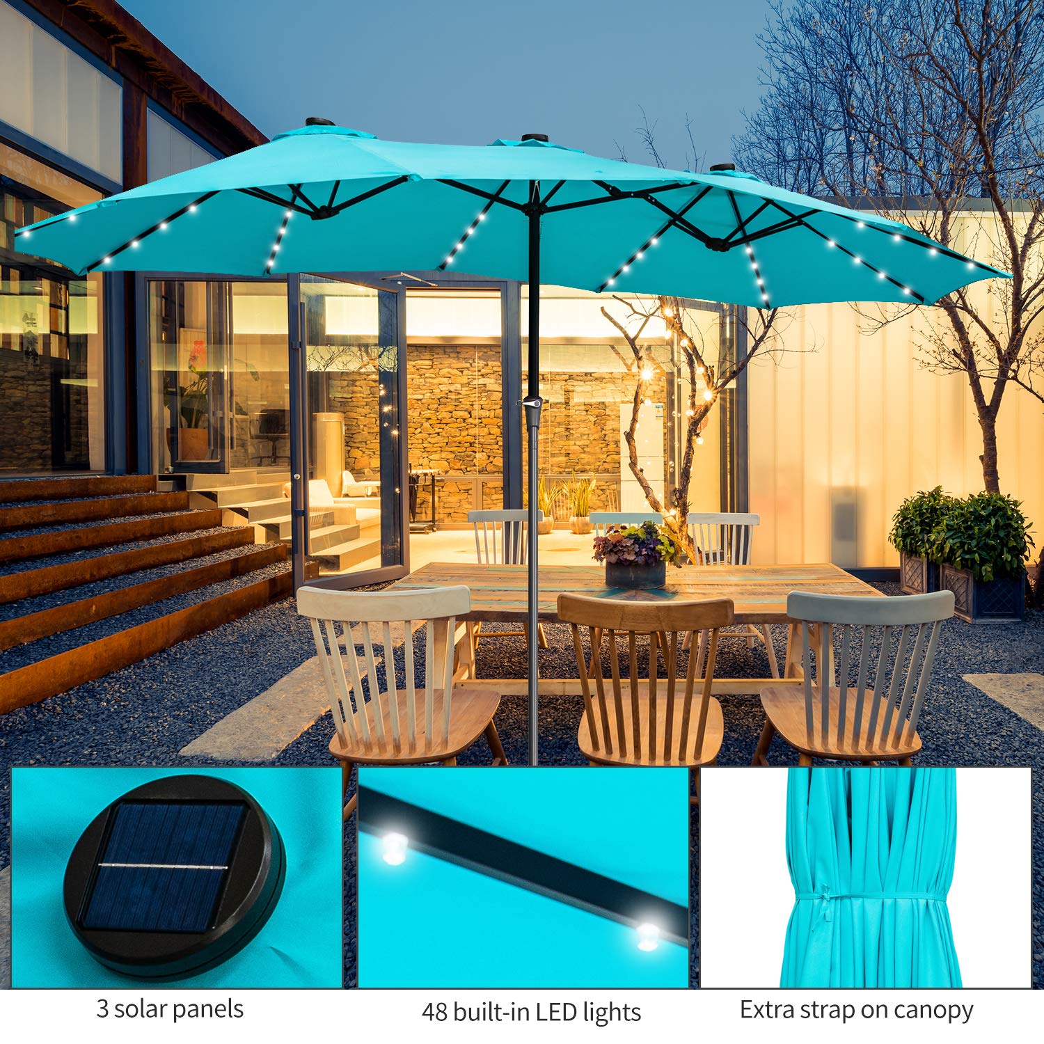 15ft Solar LED Patio Umbrella with Double-Sided Canopy - Extra Large Outdoor Garden Umbrella for Poolside, Backyard, and Patio Relaxation