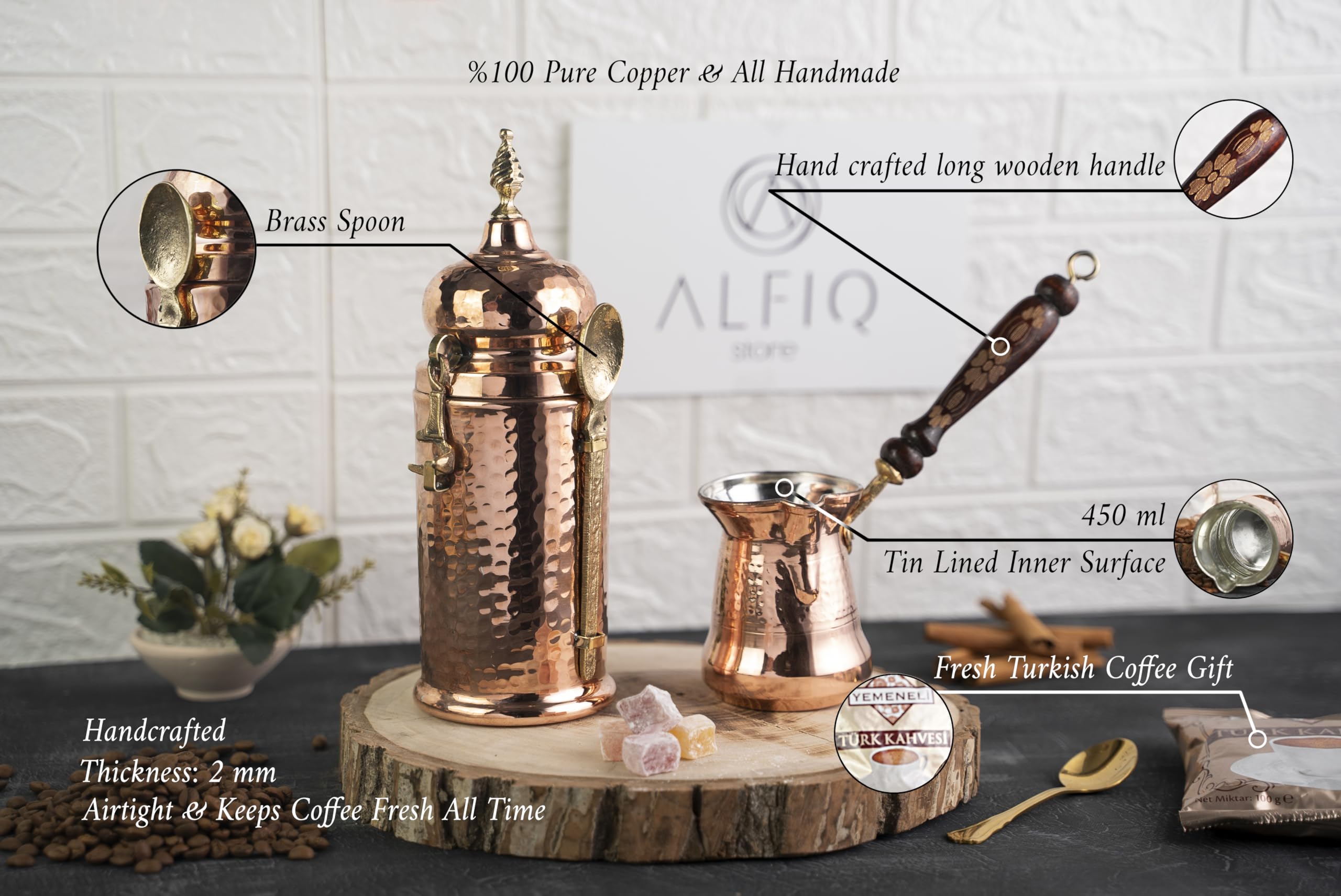 Handmade Solid Copper Coffee Pot and Airtight Canister Set of 2 - Premium Coffee Making Kit for Espresso, Turkish & Pour Over Brewing | Perfect for Home Baristas & Coffee Enthusiasts
