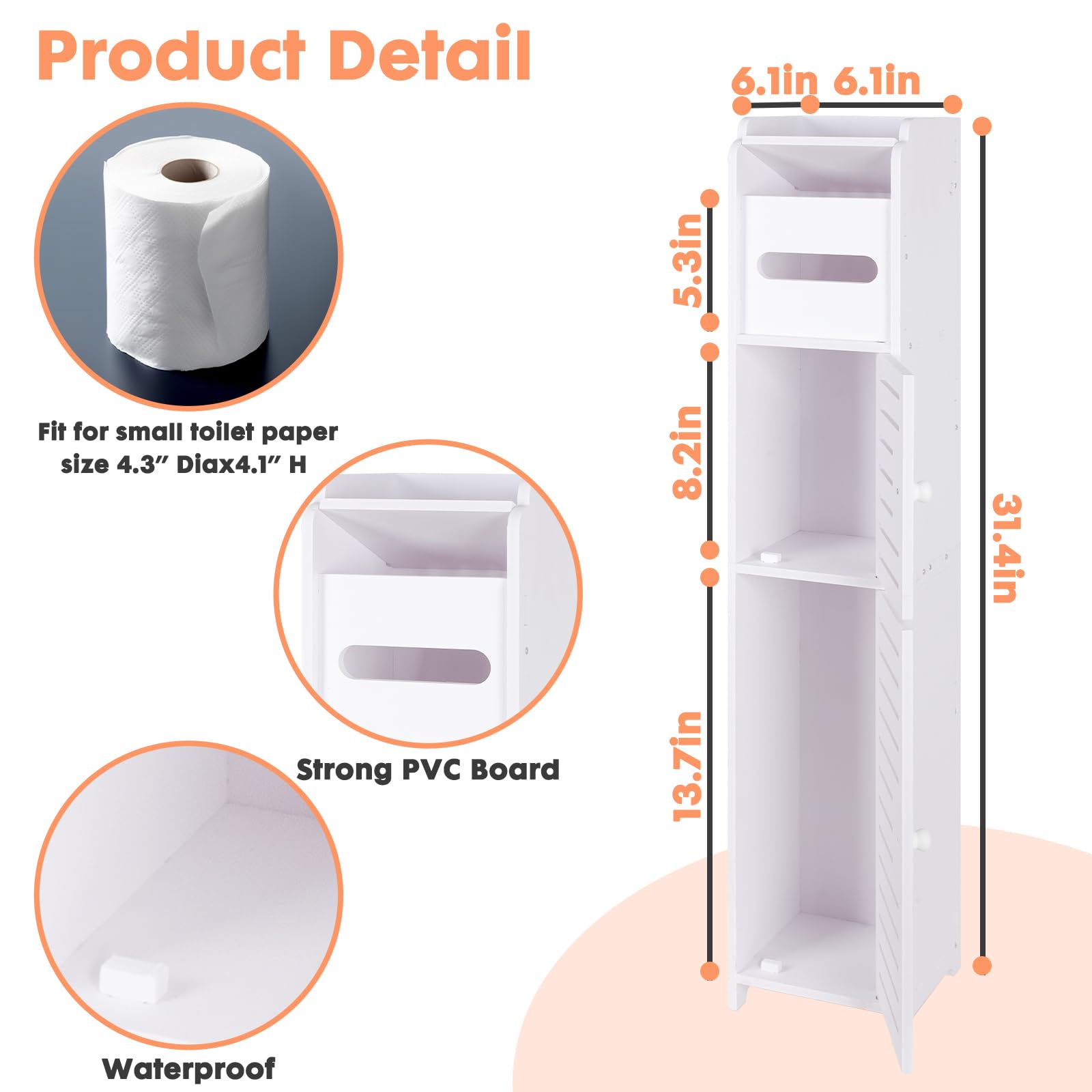 ShellKingdom White Toilet Paper Holder Stand with Doors and Shelves - Slim Bathroom Storage Cabinet for Small Spaces, Corner Floor - Perfect for Compact Bathrooms, Apartments & Powder Rooms