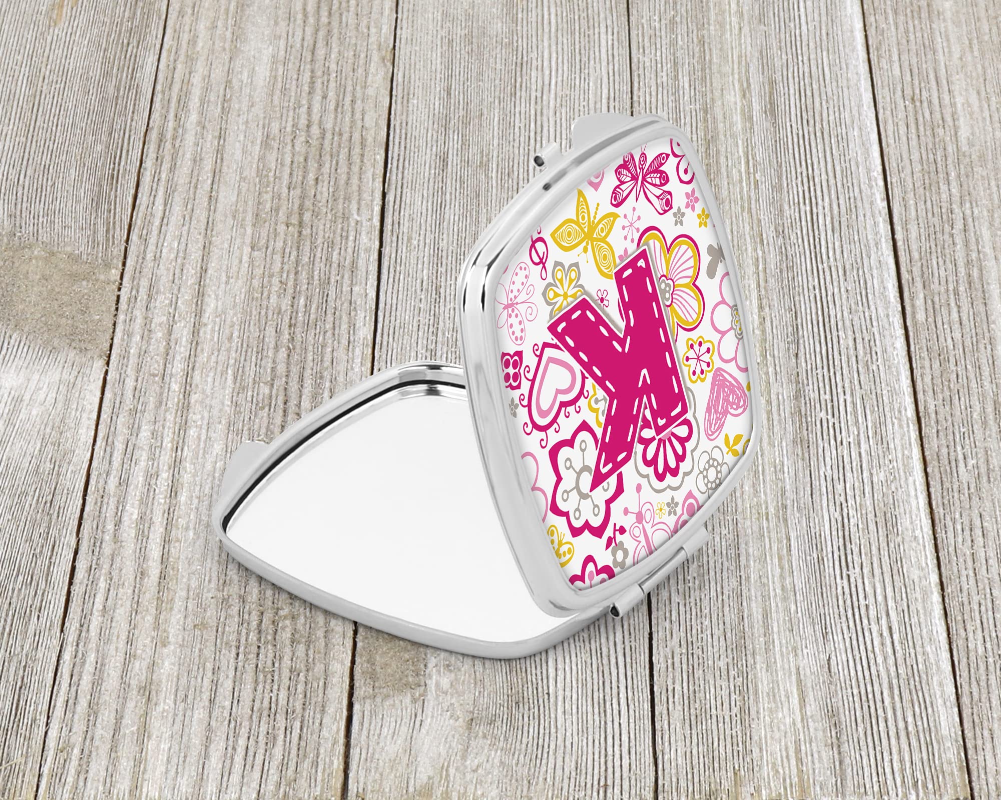 Caroline's Treasures CJ2005-KSCM Floral Letter K Compact Mirror - Pink Butterfly Design, Folding Travel Makeup Mirror for Women & Girls, Perfect Gift Idea for Birthdays, Handheld Pocket Mirror for Home, Office & Travel Beauty Essentials