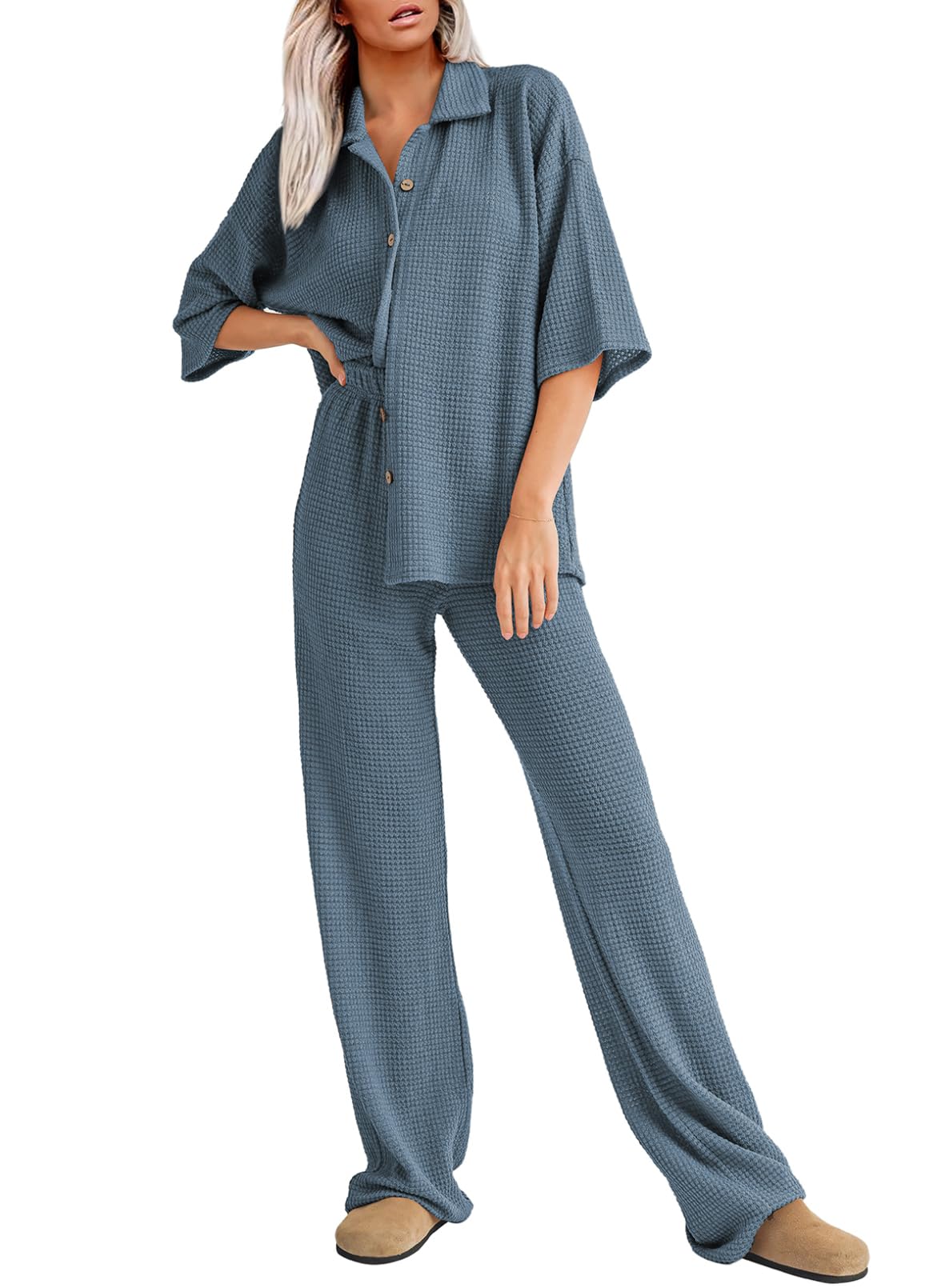 SHEWIN Women's 2 Piece Waffle Knit Lounge Set - Soft Short Sleeve Button Down Sleepwear & Pajama Outfit for Home, Travel & Relaxation | Comfortable Casual Loungewear Set