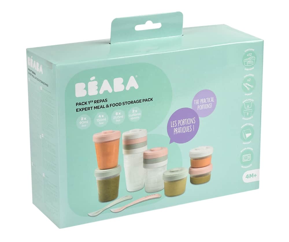 BEABA Baby Food Storage Containers with Lids - Set of 12 BPA-Free Clip Lock Containers + 4 Spoons for Infant Puree, Snacks & Breast Milk | Microwave & Dishwasher Safe