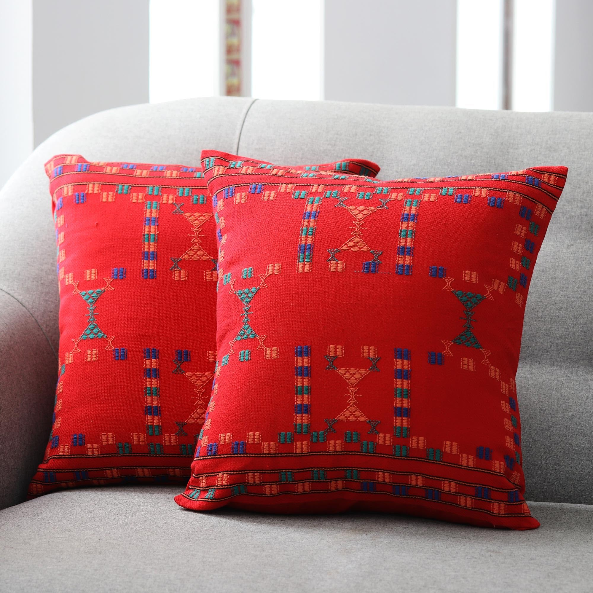 NOVICA Handmade Cotton Cushion Covers Set of 2 - Red Indian Boho Throw Pillow Covers 16.25x16.25 Inches with Bollywood Pattern for Living Room Sofa, Bedroom Decor & Home Accents