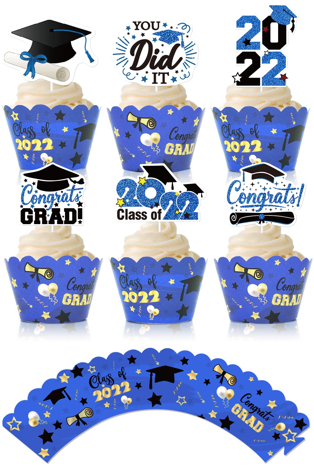2022 Graduation Cupcake Toppers & Wrappers - Class of 2022 Cupcake Decorations with Picks & Liners - Perfect for Graduation Party, Ceremony & Celebration Decor