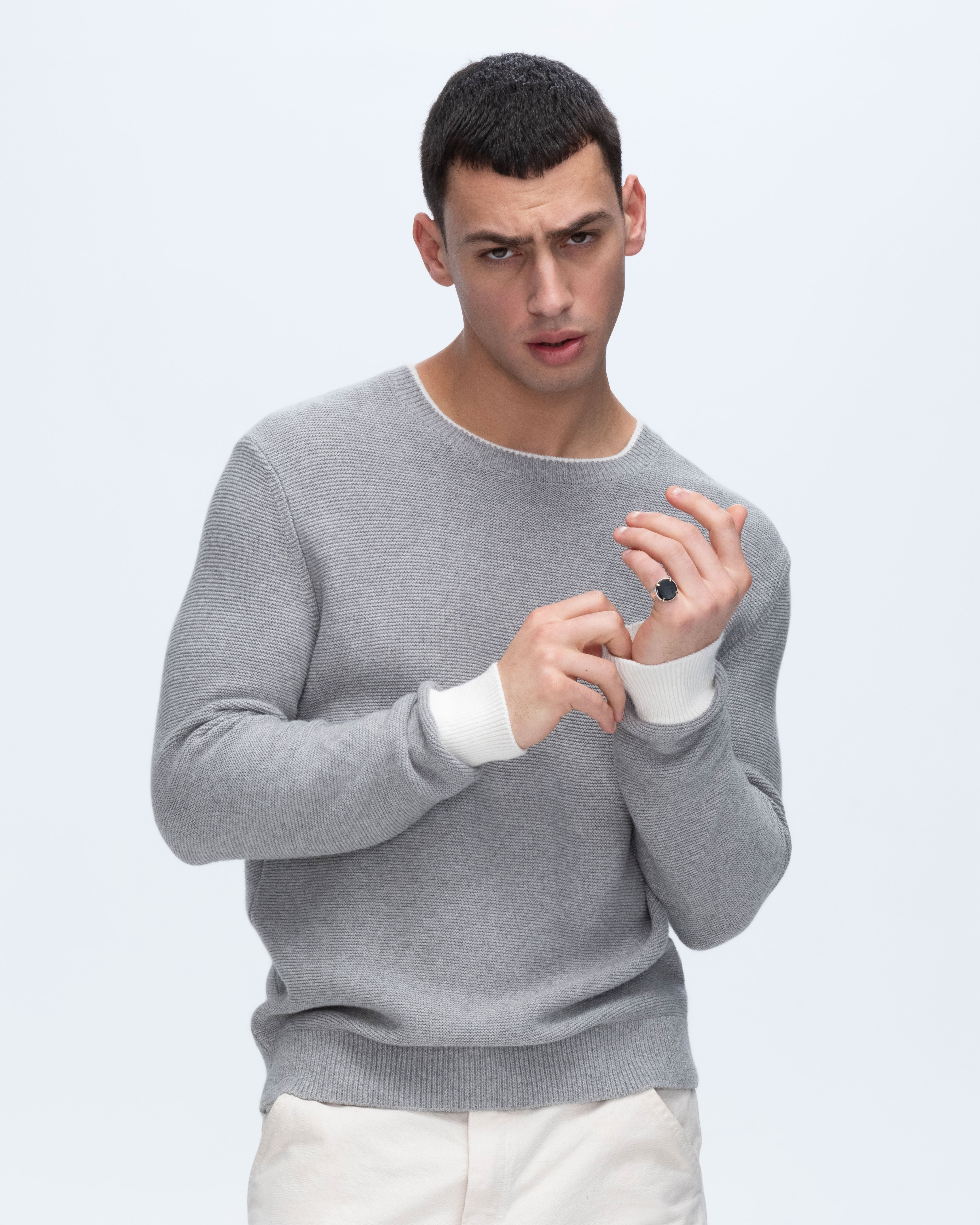 Soft Cotton Cashmere Blend Colorblock Crew Neck Sweater for Women - Heather Gray, Shark Gray & Chalk White | Cozy Winter Pullover for Office, Casual & Holiday Outfits