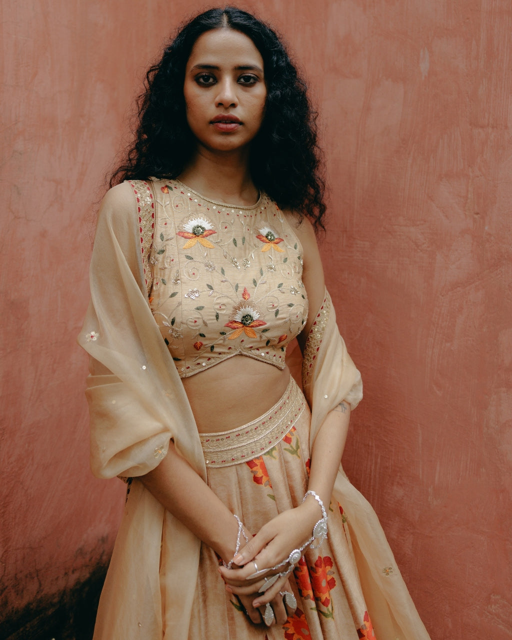 Elegant Beige Printed Kali Lehenga Set for Women | Traditional Indian Bridal & Wedding Outfit | Perfect for Festivals, Parties & Special Occasions