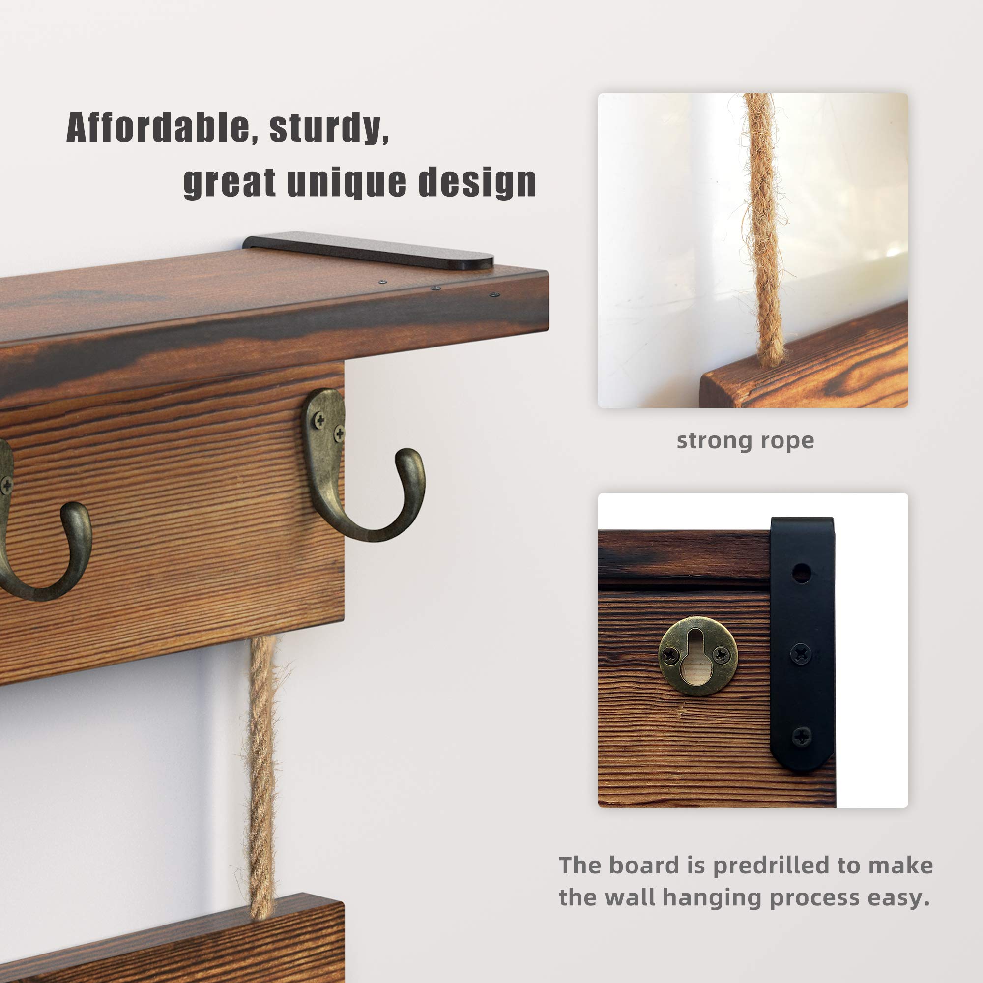 12 Hooks Solid Wood Coffee Cup Holder with Shelf - Rustic Mug Rack for Kitchen, Coffee Bar & Farmhouse Decor - Perfect for Organizing Mugs, Spices & Displaying Decor in Home, Cafe or Office