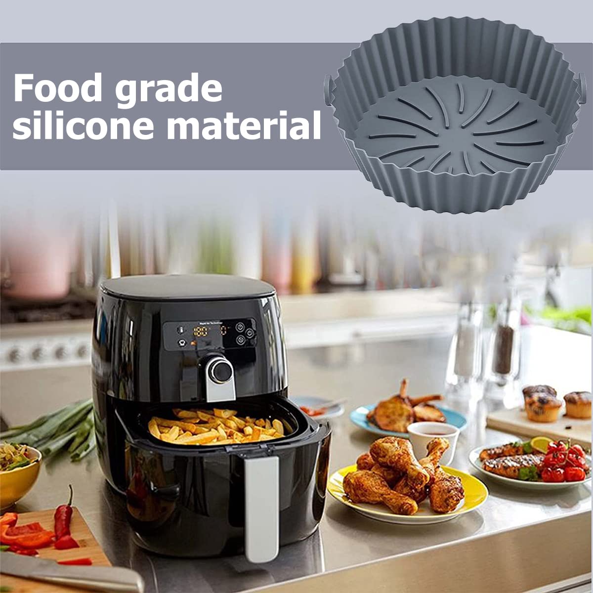 2Pcs Reusable Air Fryer Silicone Basket - BPA-Free, Heat Resistant Round Silicone Baking Pan - Perfect Air Fryer Accessories & Oven/Microwave Safe - Great for Healthy Cooking, Meal Prep & Family Dinners