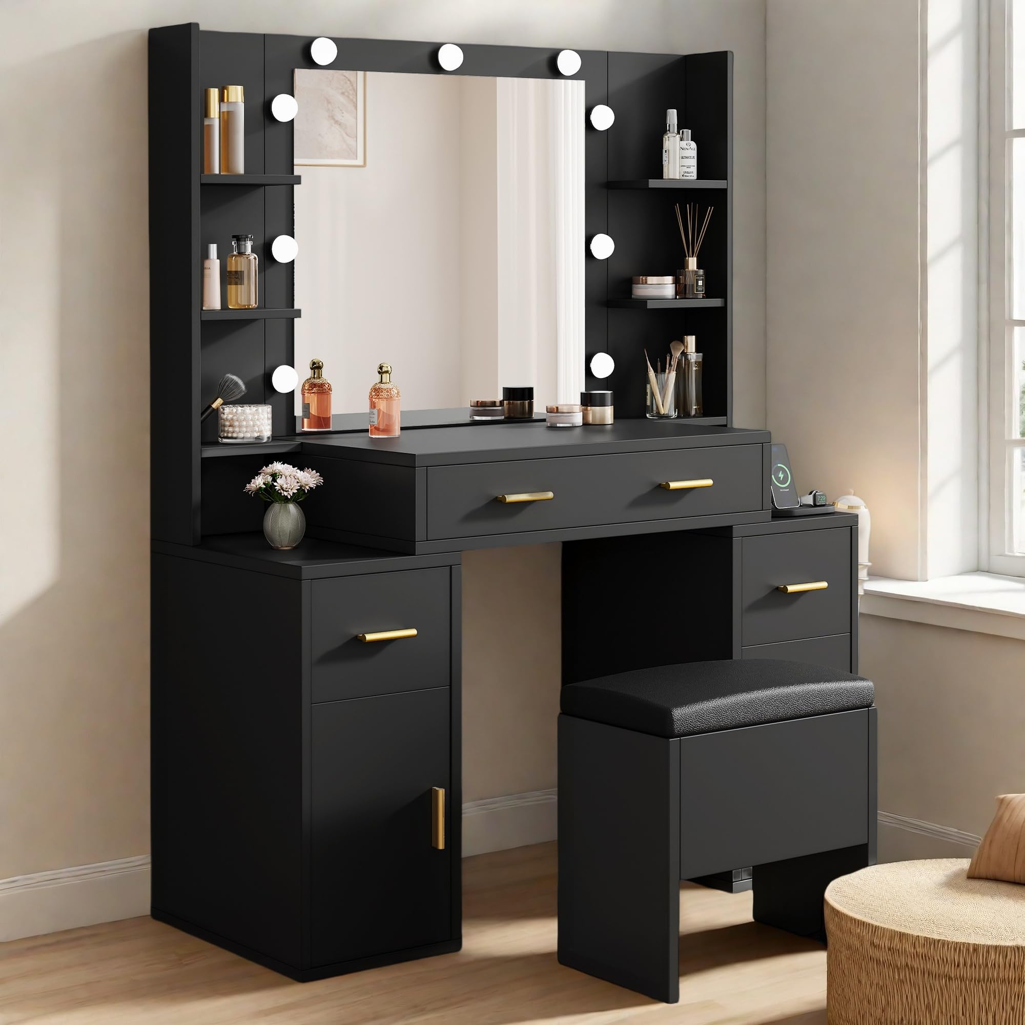 YITAHOME Makeup Vanity Desk with LED Mirror & Lights - Large Dressing Table Set with Charging Station, 3 Drawers, 6 Shelves & 2 Cabinets - Includes Storage Bench & 3 Lighting Modes (Coal Black) - Perfect for Bedroom, Dressing Room & Beauty Salon Organization