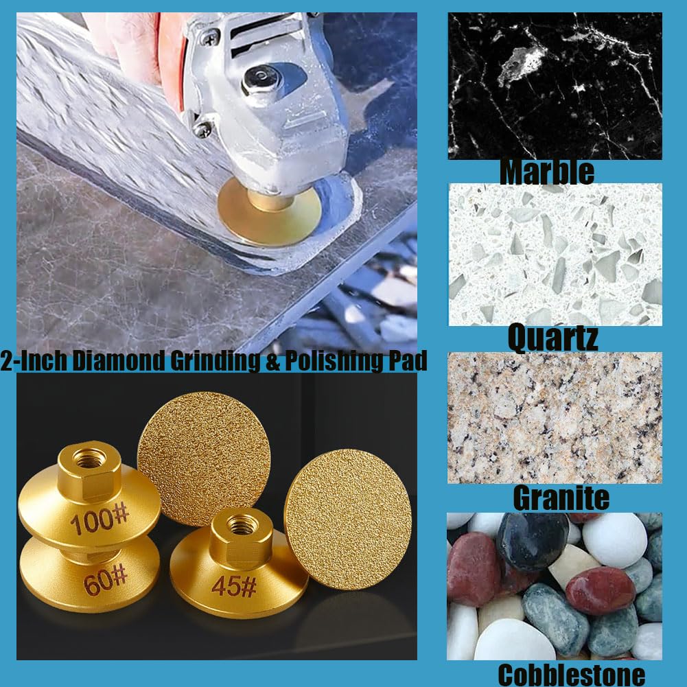 2-Inch Diamond Grinding & Polishing Pads for Angle Grinder - Professional Granite, Marble, Stone Tile Polishing Kit (60 Grit, M10 Thread Adapter) - Perfect for Countertop Refinishing, Floor Restoration & DIY Home Improvement Projects