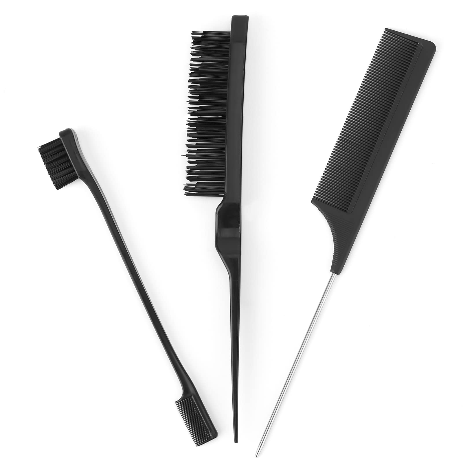 Greoer 3-Piece Hair Styling Comb Set - Slick Brush, Teasing Comb & Tail Comb for Men & Women | Professional Hair Color Highlighting Tools, Black Plastic Grooming Combs with Edge Bristle Brush | Perfect for Salon Styling, Home Hair Care & DIY Coloring