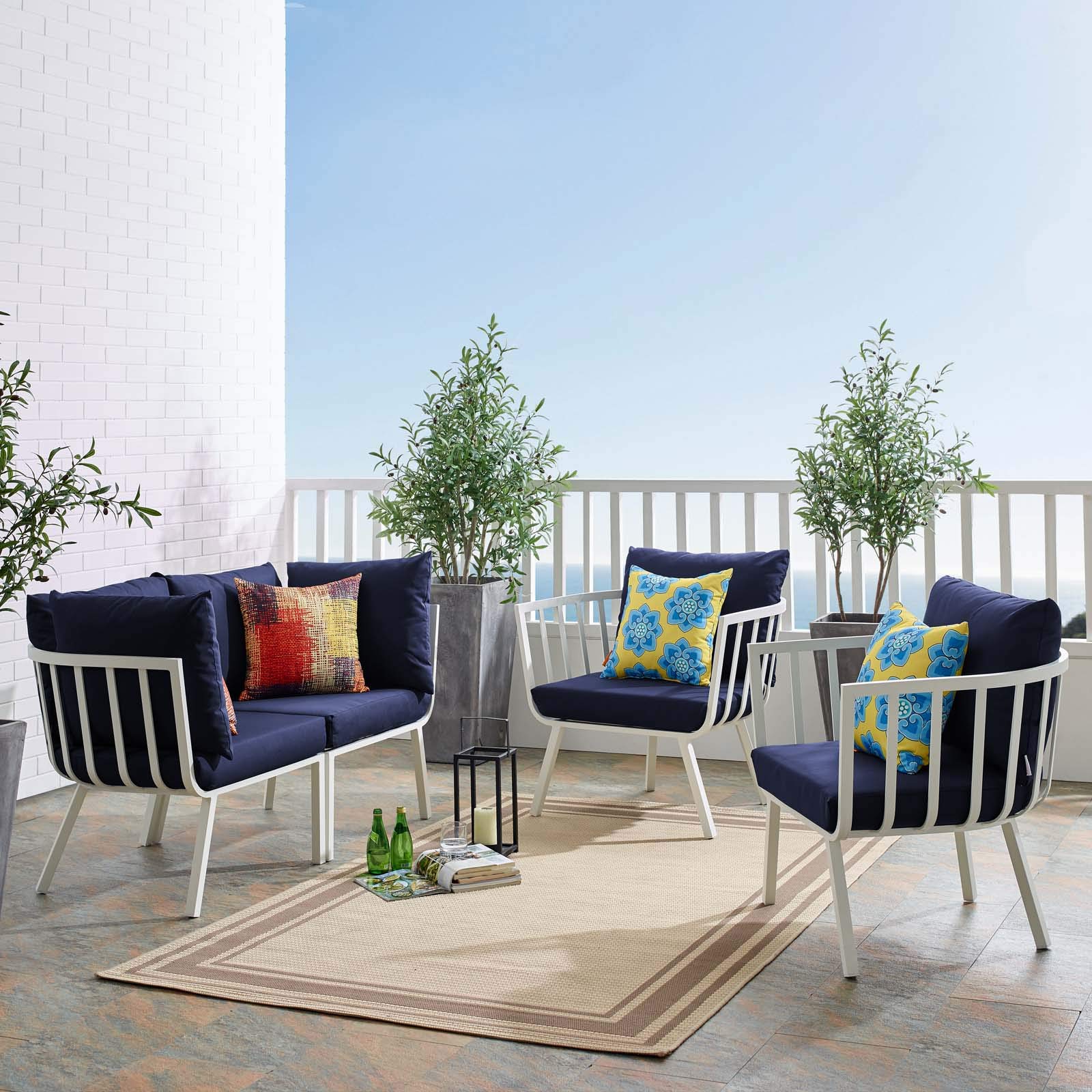 Modway Riverside 4-Piece Outdoor Patio Furniture Set - White & Navy - Perfect for Backyard, Poolside & Garden Relaxation