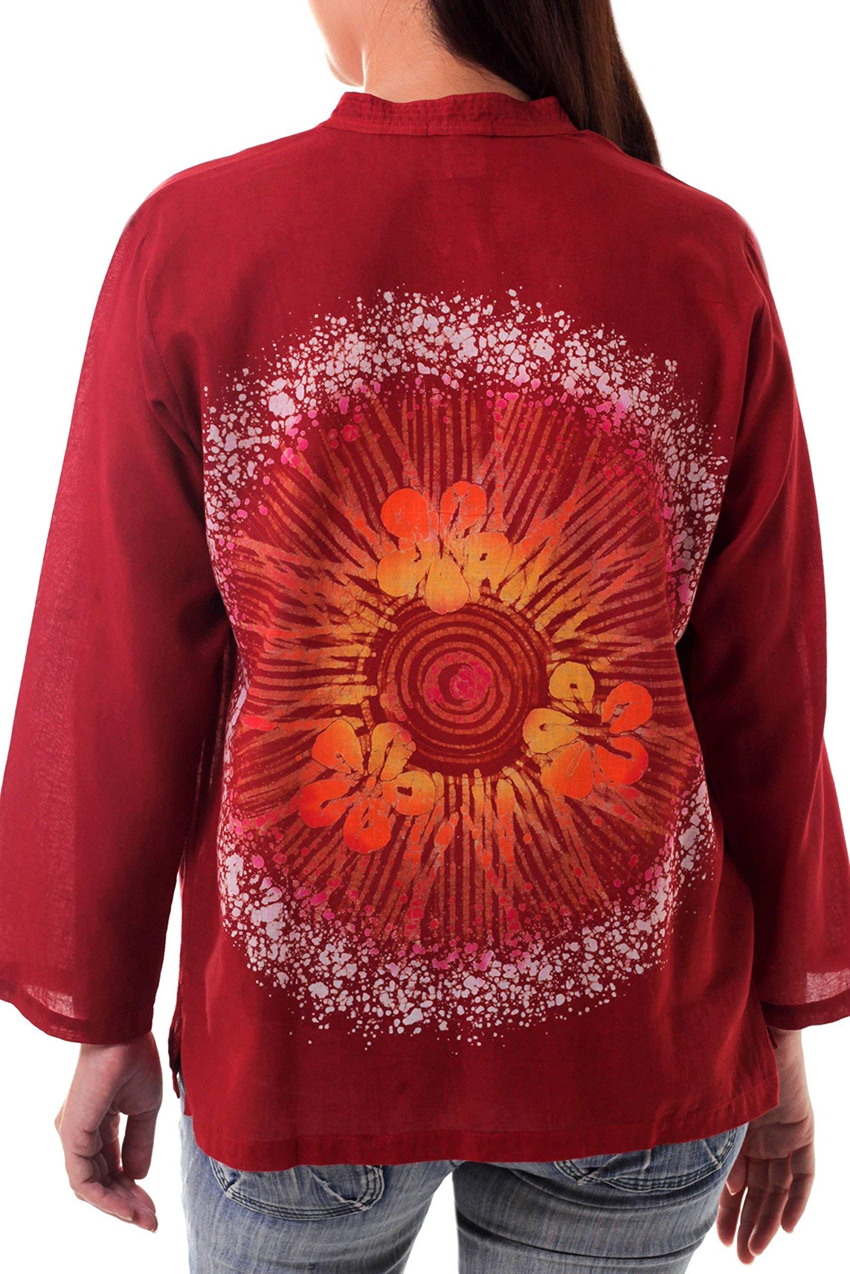 Handmade Cotton Batik Tunic for Women | Red Aurora Flame Floral Print | Thailand Artisan Craft | Boho Chic Top | Perfect for Beach Vacations, Summer Festivals & Casual Wear