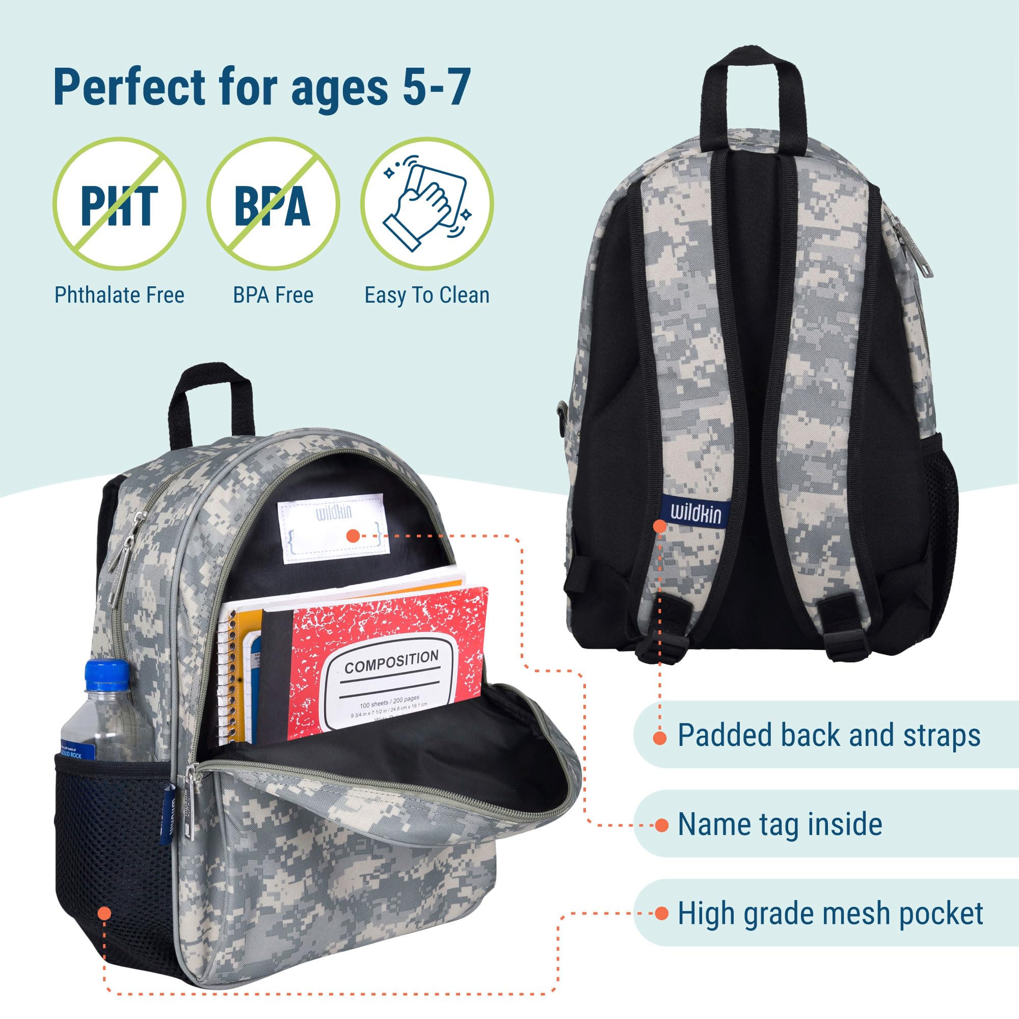 Wildkin 15-inch Kids Backpack - Durable Padded Adjustable School Backpack for Boys & Girls - Lightweight Travel Backpack for Daycare, Hiking & Outdoor Adventures - Digital Camo Design