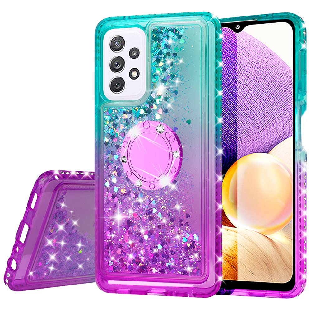 SOGA Quicksand Cute Girl Phone Case for Samsung Galaxy A32 5G - Anti-Slip Diamond Ring Magnetic Car Mount & Lanyard - Purple/Teal - Perfect for Daily Use, Driving & Travel