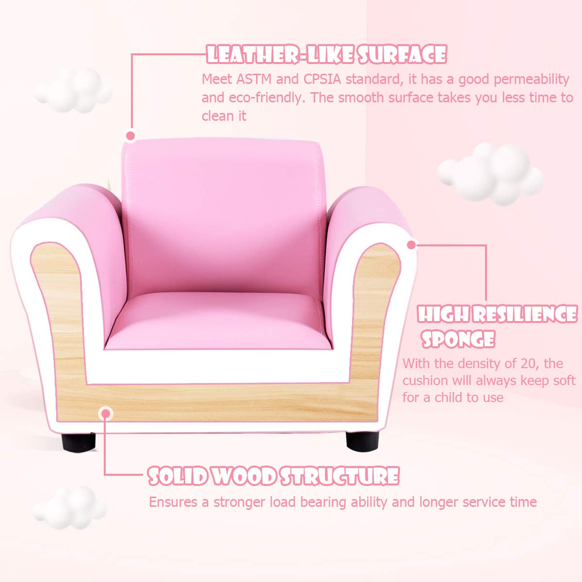 Costzon Kids Couch with Footstool - ASTM & CPSIA Certified Toddler Sofa, 100LBS Weight Capacity, Pink Armchair with Armrest & Backrest - Perfect for Playroom, Nursery, or as Birthday Gift for Baby Girls