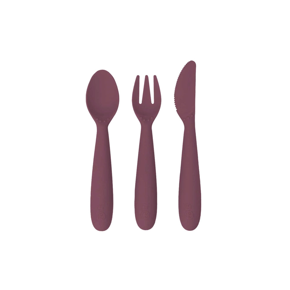 EzPz Happy Utensils Set for Kids - BPA-Free Silicone Toddler Spoon & Fork in Mauve - Perfect for Baby-Led Weaning, Travel & Mess-Free Meals