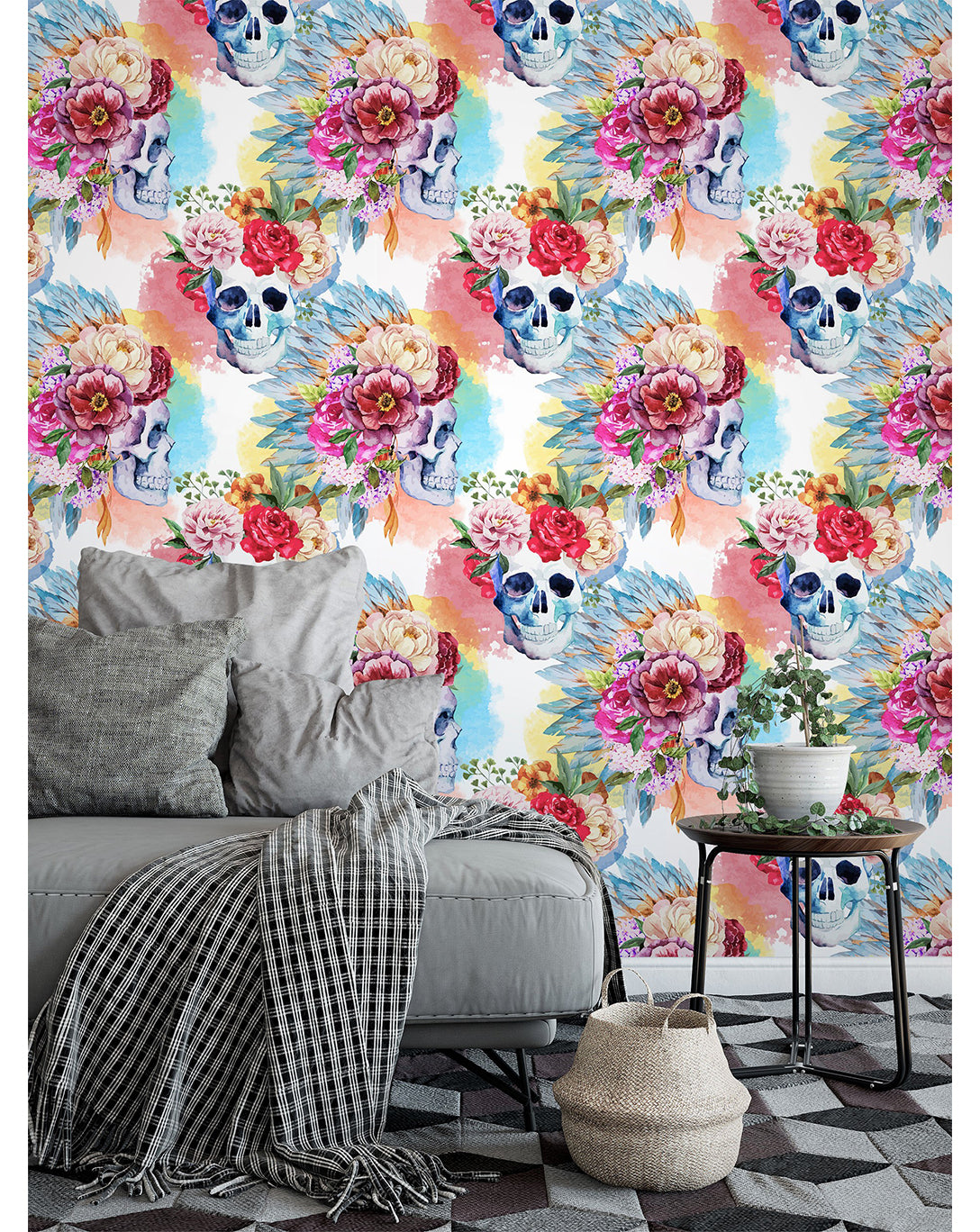 Vibrant Floral Skull Wallpaper CC100 - Gothic Boho Decor for Bedroom, Living Room & Home Office