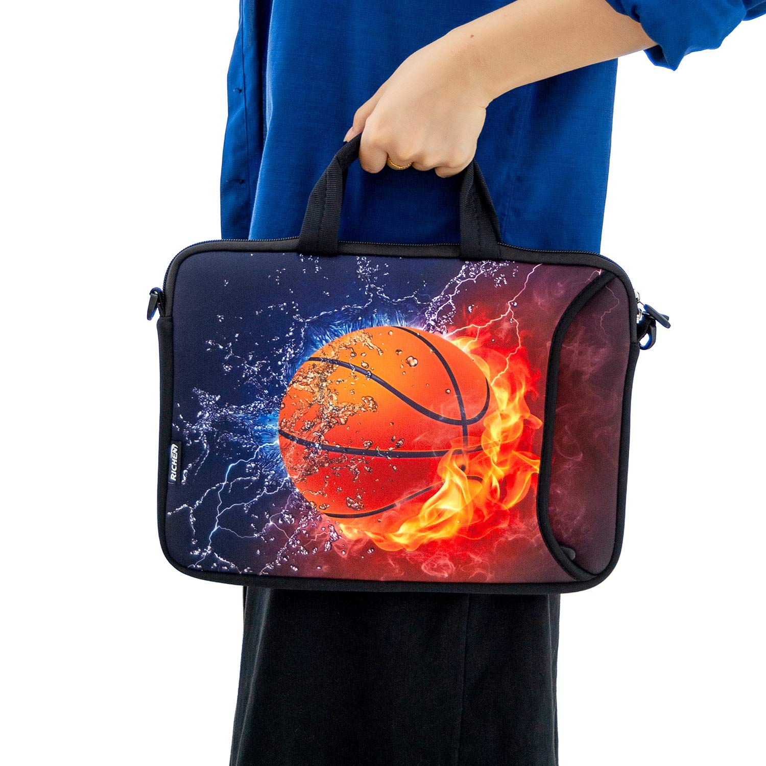 RICHEN 17 Inch Laptop Shoulder Bag - Waterproof Laptop Carrying Case for 15.6 to 17.4 Inch Notebooks - Durable Computer Sleeve with Handle & Adjustable Strap (16-17.3 Inch, Basketball Fire Design) - Perfect for Work, School, Travel & Business Trips