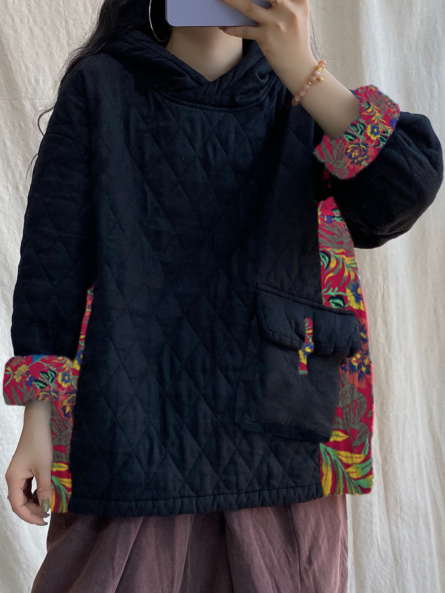 Plus Size Women's Winter Hooded Jacket with Patch Spliced Design & Pockets - Warm Thickened Coat for Cold Weather, Outdoor Activities and Casual Wear