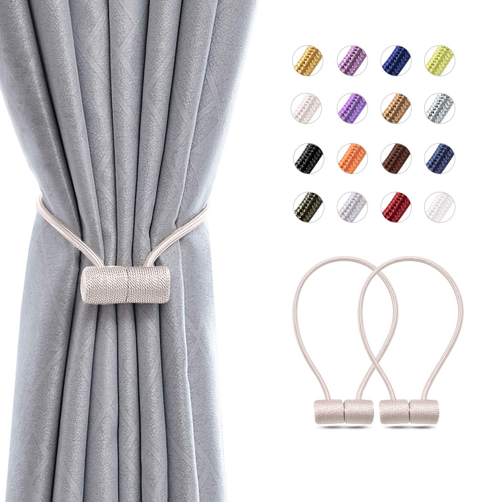 NICEEC 2 Pack 16 Inch Magnetic Curtain Tiebacks - Handwoven Decorative Rope Holdbacks for Drapes & Curtains, Beige Home & Office Window Decor | Perfect for Living Room, Bedroom & Office Spaces