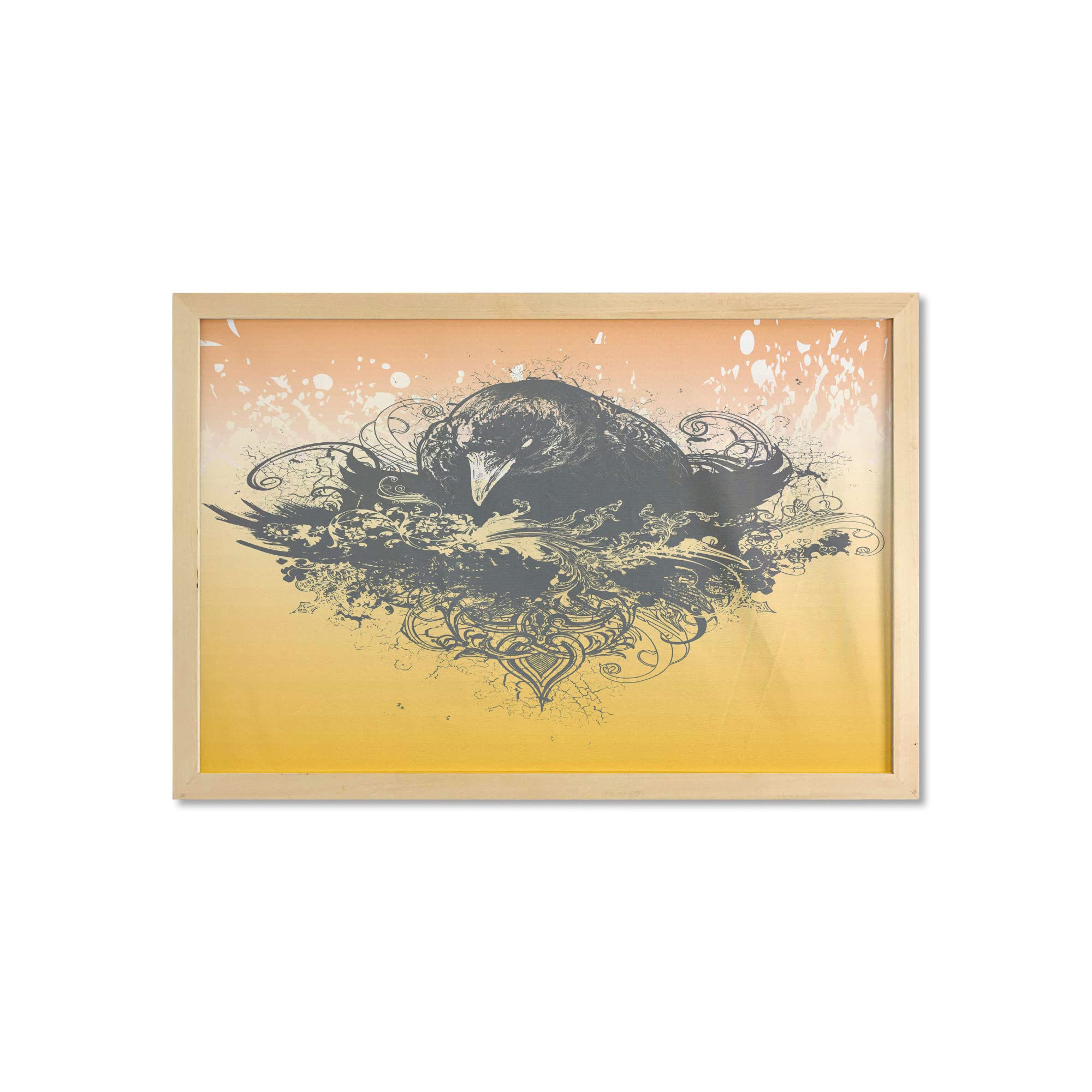Ambesonne Black Framed Wall Art - Halloween Wicked Crow & Ornate Flowers Print Fabric Poster (35