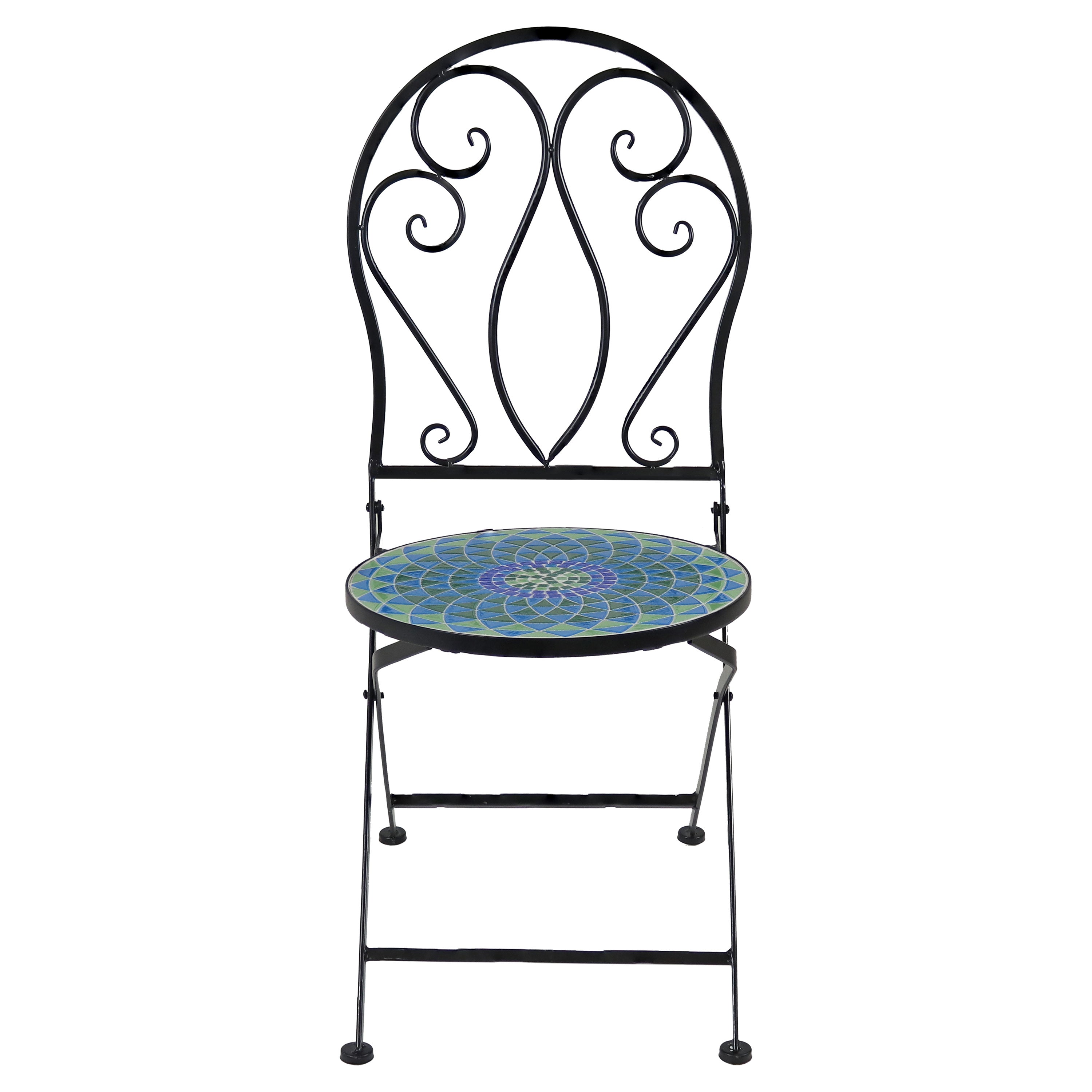 Sunnydaze 2-Pack Mosaic Tile Foldable Bistro Chairs with Iron Frame - Outdoor Patio, Garden, Poolside & Cafe Seating Furniture