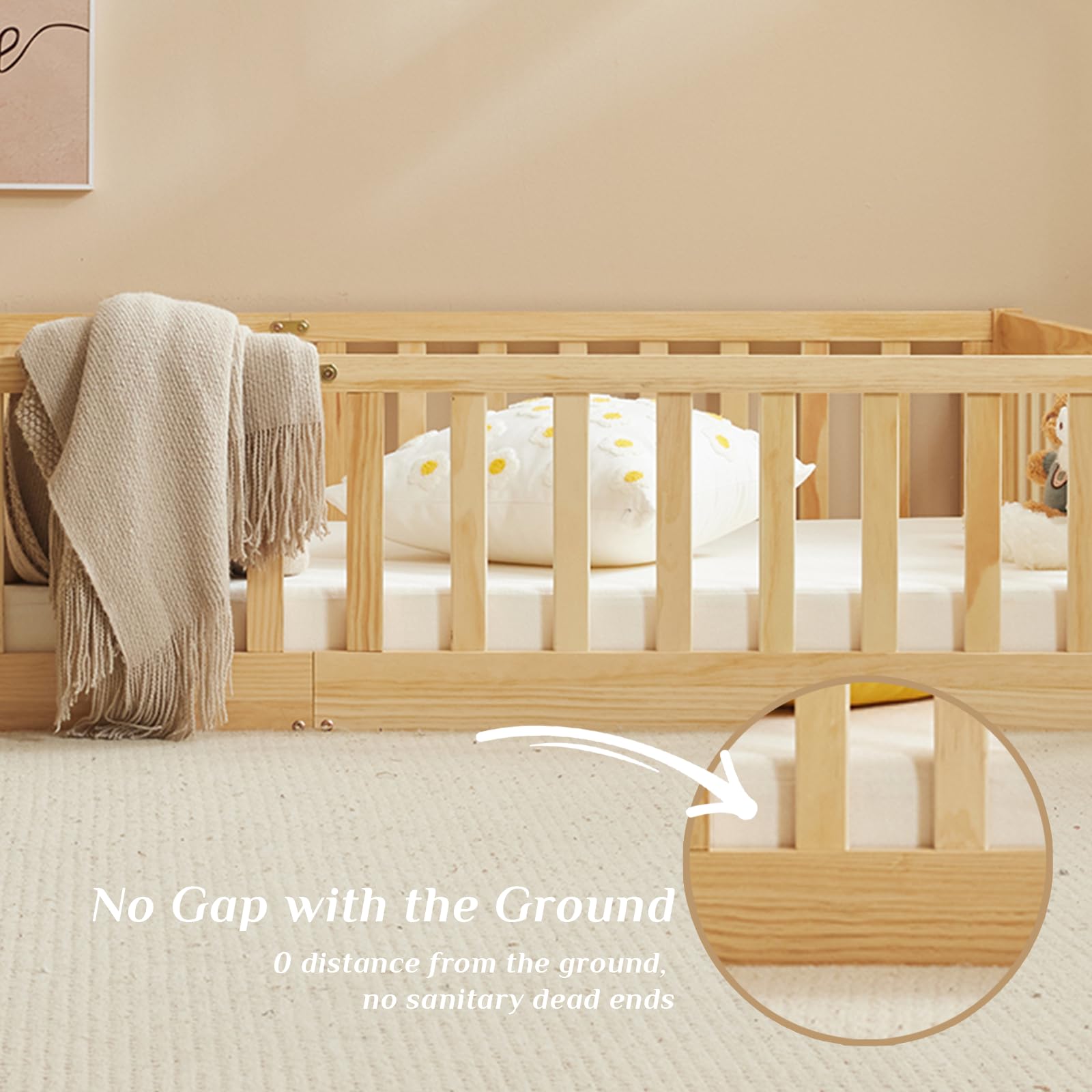 Montessori Toddler Floor Bed with Door & Safety Fence - Solid Wood Queen Size Kids Bed Frame with 12 Slats & Guardrails for Boys & Girls (Natural) - Perfect for Montessori Bedrooms, Safe Sleep Training & Child Independence Development