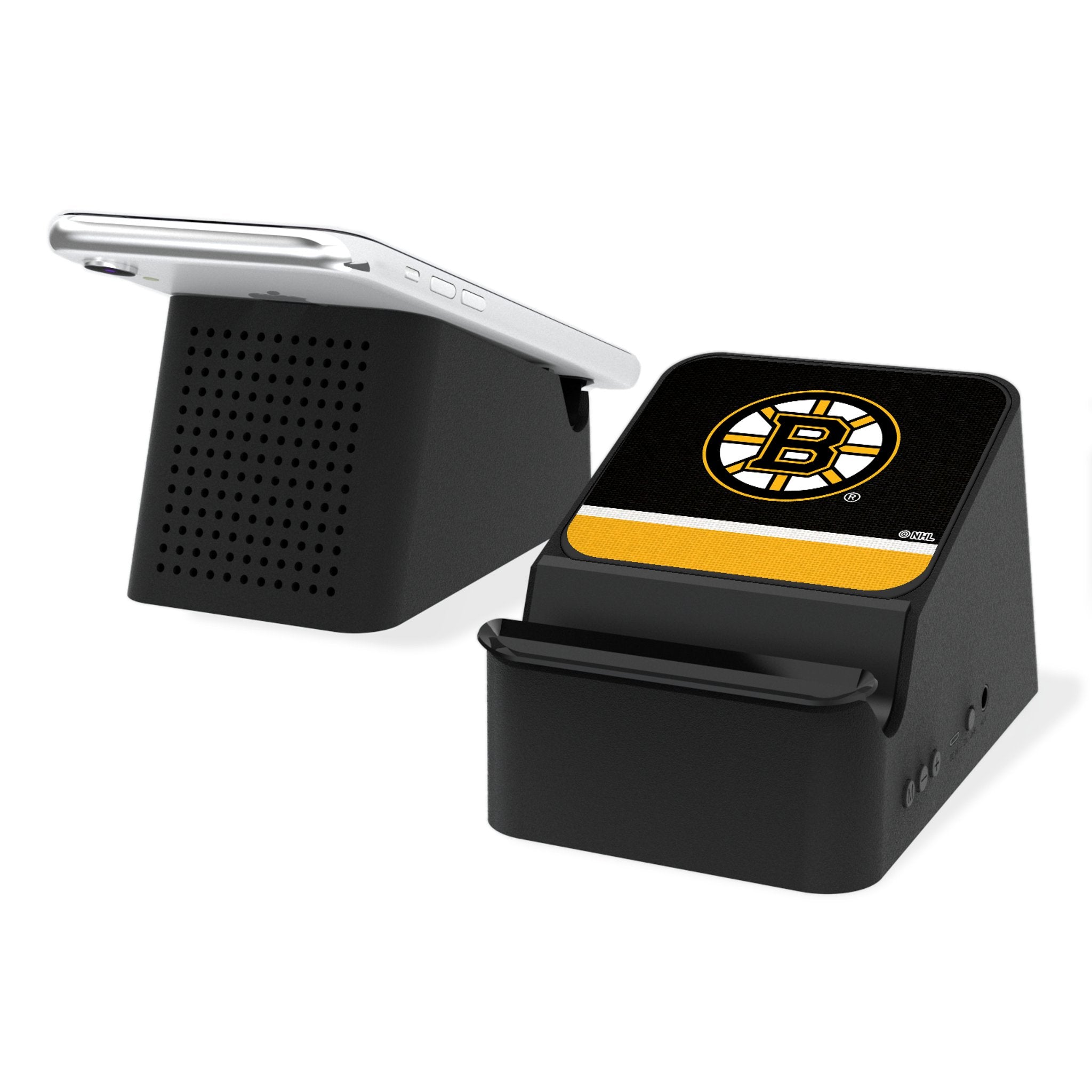 Boston Bruins Stripe Wireless Charging Station with Bluetooth Speaker - Fast Qi Charging Pad & Premium Sound for Home, Office, and Game Day Decor