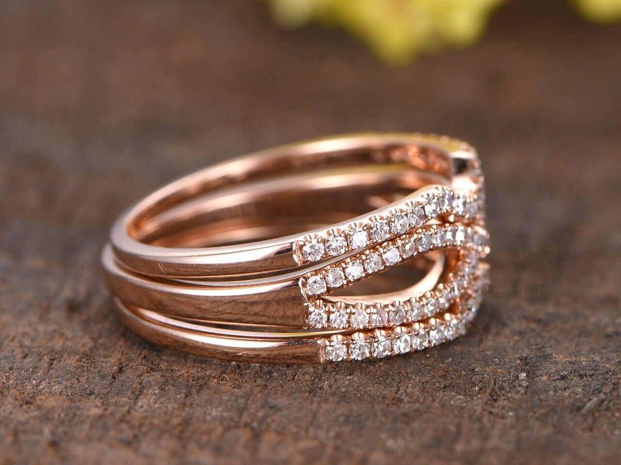 3-Piece Bridal Ring Set - Half Eternity Matching Band, Split Shank & Curved U Diamond Wedding Bands in 18k Gold Plating - Perfect for Engagement, Anniversary & Bridal Jewelry Gifts