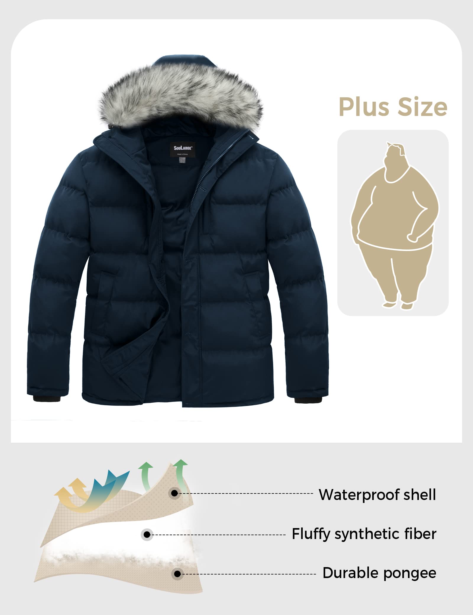 Soularge Men's Big and Tall Thickened Padded Winter Parka Coat with Detachable Hood - Warm Windproof Jacket for Outdoor Activities, Snow Sports & Cold Weather