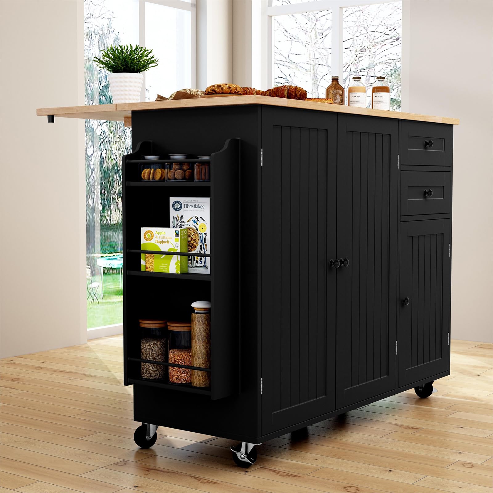 HLR Kitchen Island with Storage - Rolling Mobile Kitchen Cart with Drop-Leaf Bar Countertop, Spice Rack & Tower Shelves - Extra Storage Solution for Small Kitchens, Apartments & Dining Areas - Perfect for Meal Prep, Entertaining & Space Organization