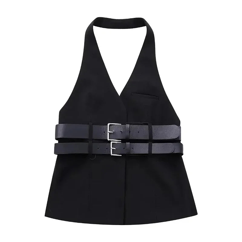 Stylish Women's Leather Belt V-Neck Halter Vest - Elegant Sleeveless Backless Tank Top for Women | Y2K Fashion Trend | Perfect for Spring Summer Outfits, Parties & Casual Wear