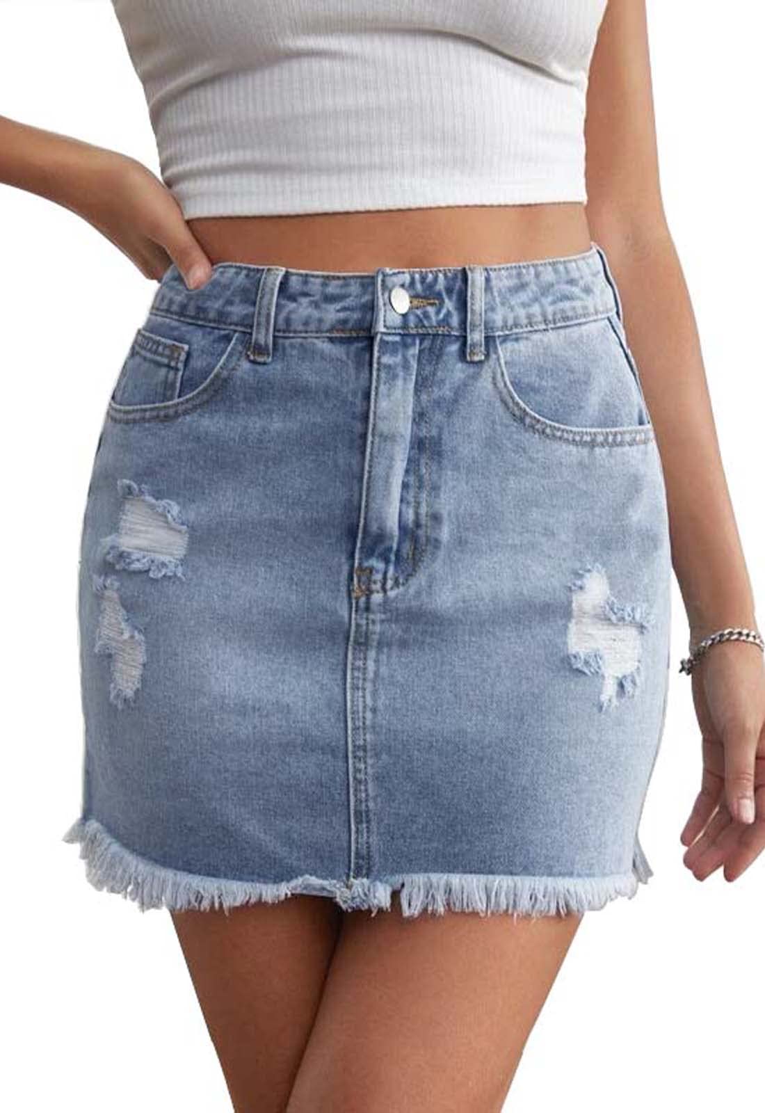 Women's High Waist Stretchy Denim Mini Skirt - Bodycon Washed Frayed Jean Skirt with Pockets | Casual Outfit for Clubbing, Date Night & Streetwear Fashion