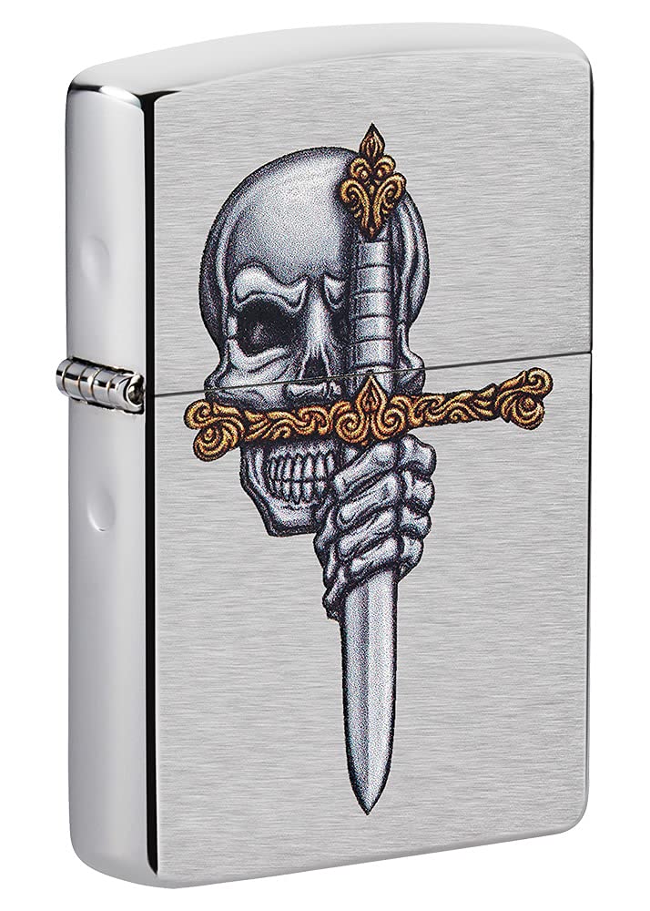 Zippo Sword Skull Design Brushed Chrome Windproof Pocket Lighter - Perfect for Outdoor Camping, Hiking & Everyday Carry (ECDC)