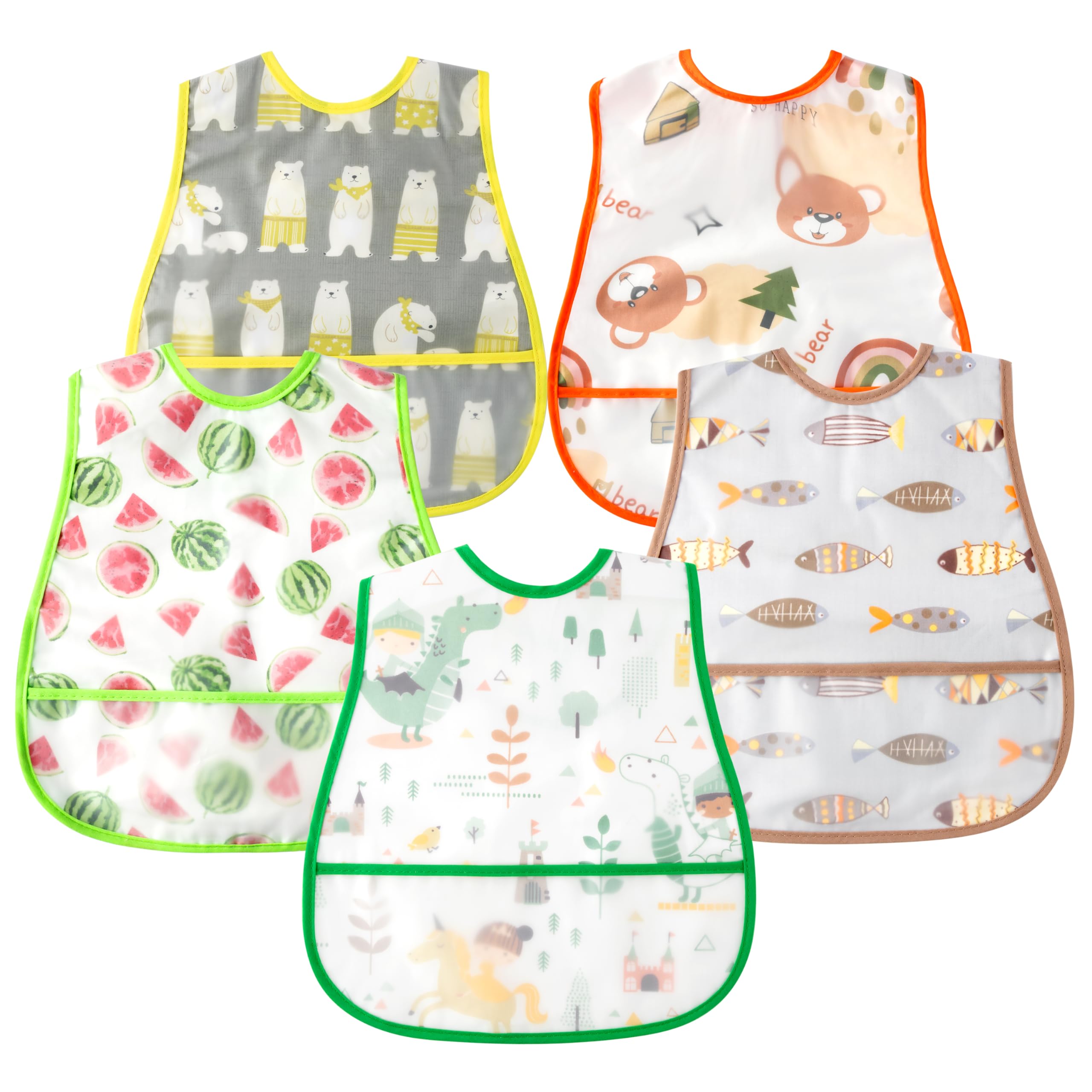 RHORSE 5-Pack Baby Bibs Set with Crumb Catcher Pocket & Snap Buttons - Waterproof Toddler Feeding Bibs for 6-24 Months - Perfect for Mealtime, Daycare & On-the-Go