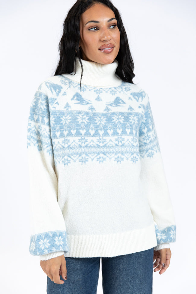 Best Ivory and Blue Ski Print Fair Isle Turtleneck Sweater - Cozy Winter Pullover for Skiing, Christmas & Casual Wear | Final Sale