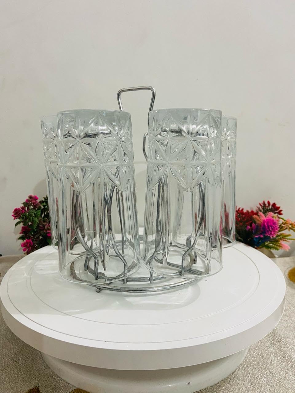 Stainless Steel Lotus Design Glass Holder Rack for 6 Glasses - Kitchen, Dining Table, Home & Office Use - Virgin Glass & Tumbler Stand (Nickel Chrome) | Perfect for Wine Storage, Bar Organization & Party Serving