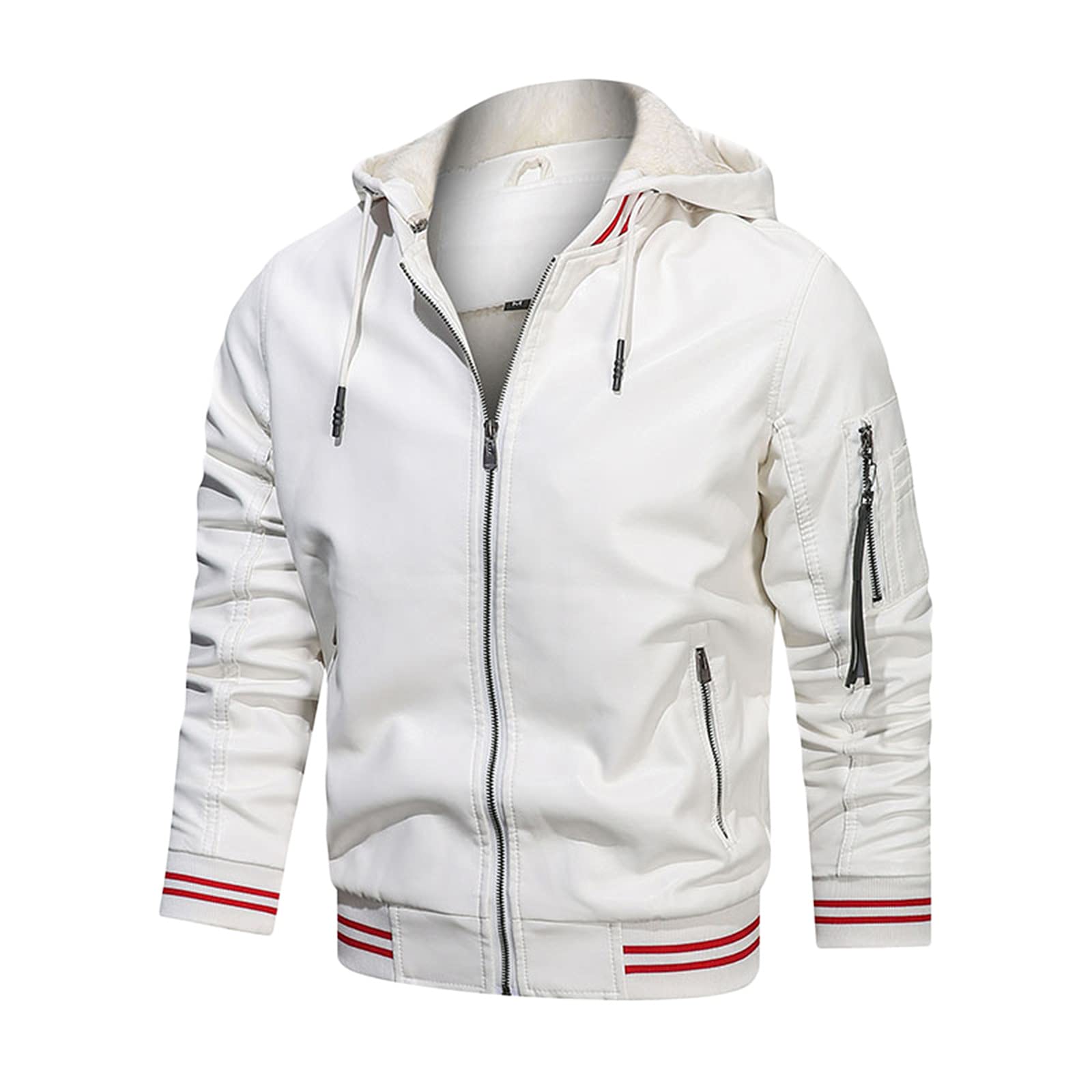 Men's Cashmere Zipper Stand Collar Hooded Leather Jacket - Winter Warm Coat with Pockets for Outdoor Activities & Casual Wear