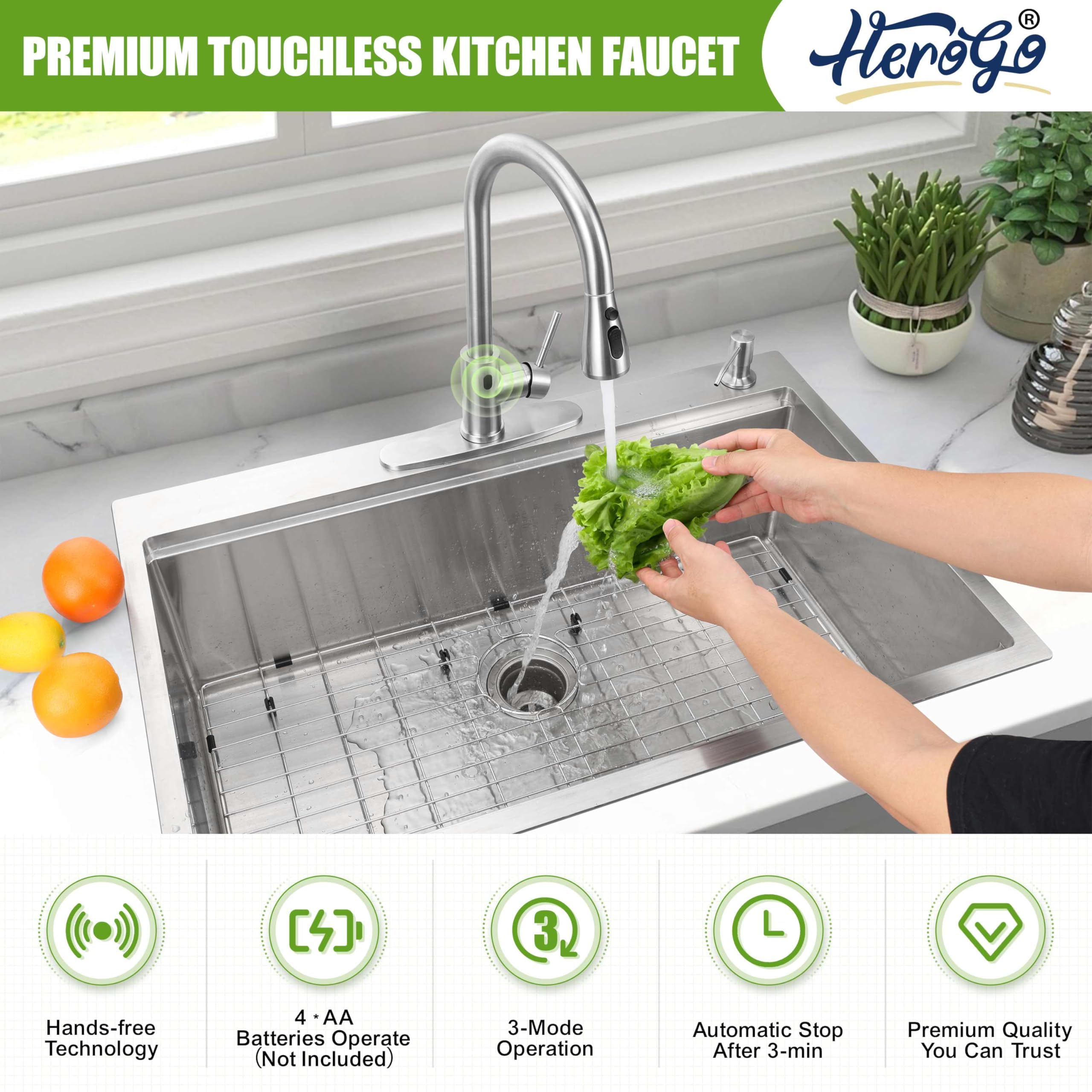 **33x22 Inch Drop-In Kitchen Sink with Touchless Faucet Combo – Herogo 18/10 Stainless Steel Single Bowl Handmade 10