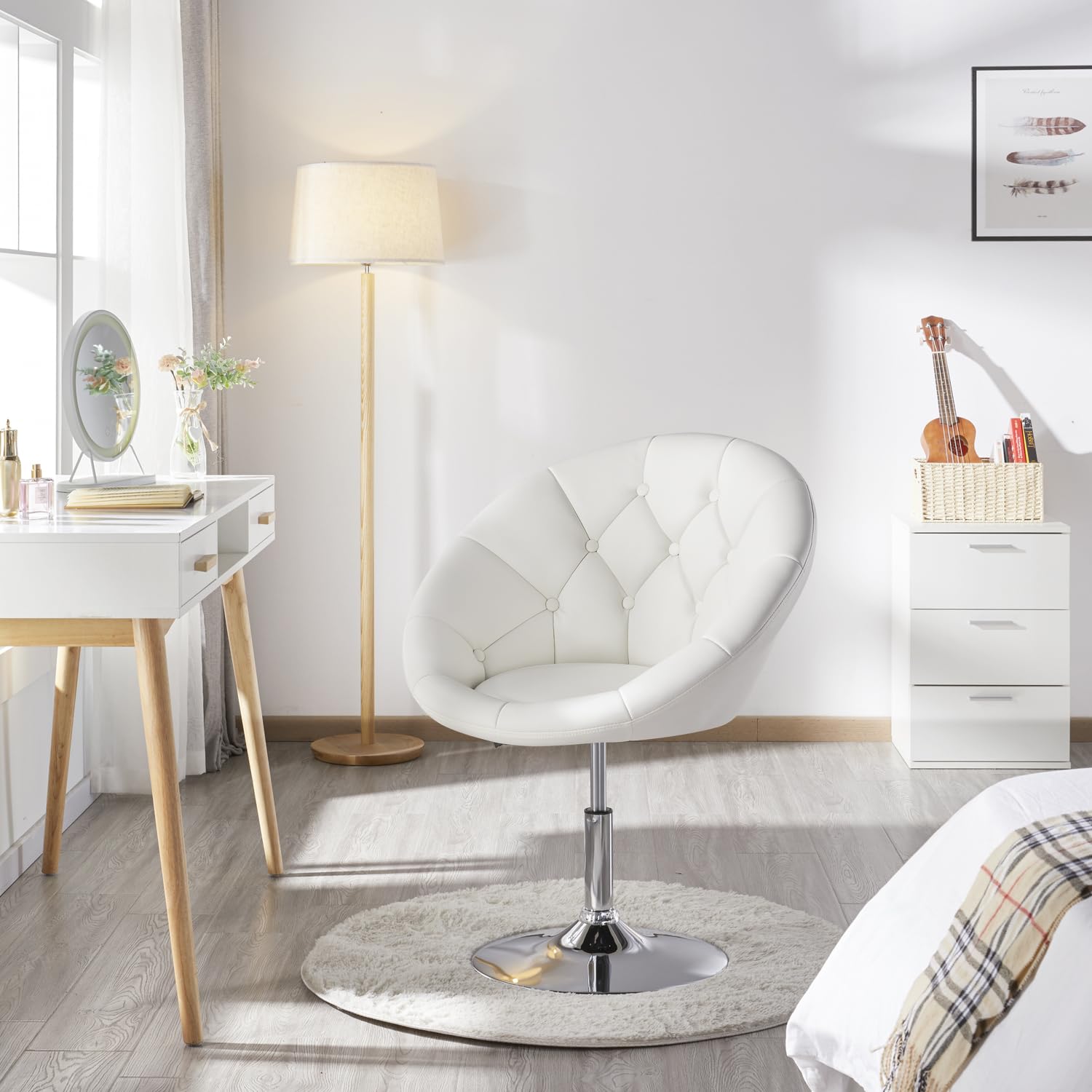 Yaheetech Adjustable Height Makeup Vanity Chair - Swivel Accent Chair with Chrome Frame & Round Back, Tilt Function for Dressing Room, Bedroom, Living Room - Perfect for Beauty Salon, Home Decor & Makeup Application