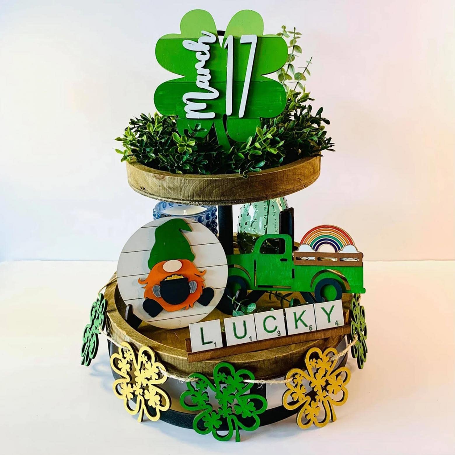 Farmhouse Tiered Tray Decor - Rustic Wooden Signs for Spring, Easter, St. Patrick's Day, Summer & Graduation - Perfect for Table Centerpieces, Shelf Displays & Seasonal Home Decor