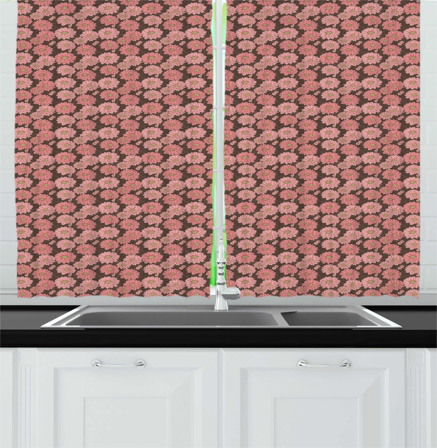 Ambesonne Floral Long Kitchen Curtains - Blossoming Chrysanthemums Top View Illustration, 2 Panel Rod Pocket Drapes, 55